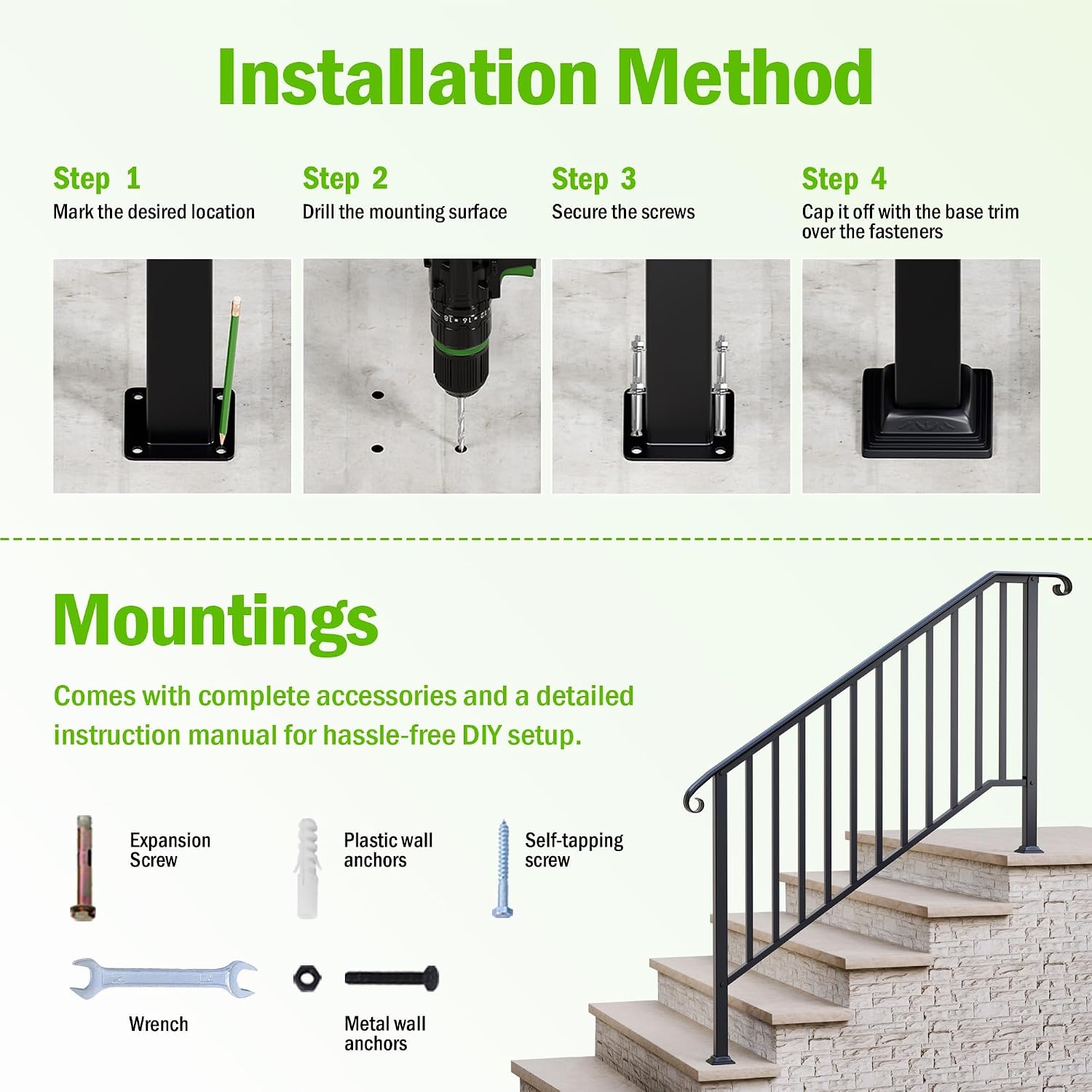 2 Pack 5 Step Handrails for Outdoor Steps, Fit 4 or 5 Steps Outdoor Stair Railing for Concrete Steps, Black Wrought Iron Railing, Exterior Hand Railing for Steps Adjustable Metal Hand Rails for Deck