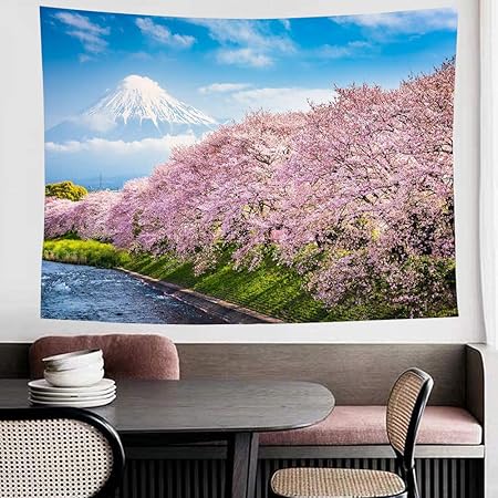 Amazon Co Jp Tibemi 富士山 タペストリー 風景画 花 美しい桜の並木 河川 インテリア 壁掛け 壁飾り 多機能壁掛け 部屋目隠し おしゃれ 布ポスター 和風 玄関 飾り 寝室 カーテン 背景 模様替え 気分転換 新居祝い 150x0 ホーム キッチン