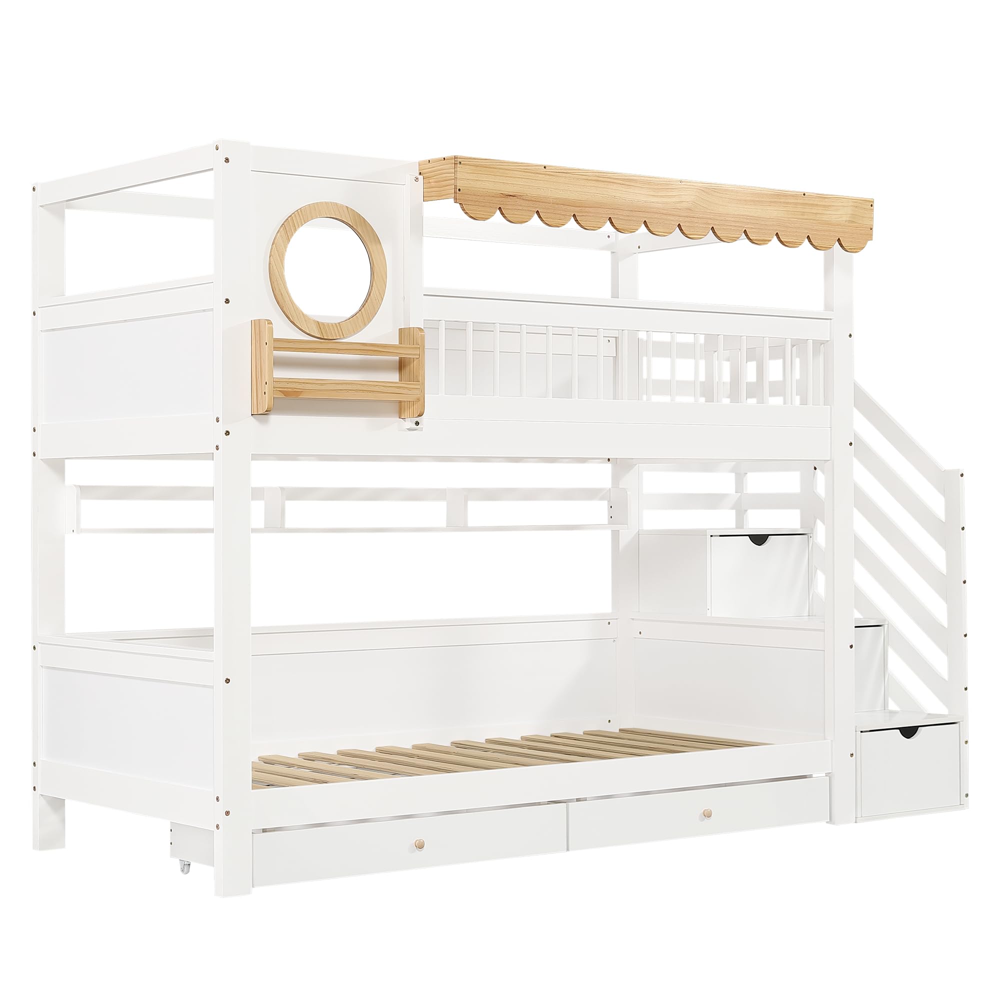 Dolamaní Cama infantil litera, 90 x 200 cm, litera para 2 niños y 2 cajones con ruedas, cama de casa con espacio de almacenamiento, escalera de madera de pino MDF, cama para niñas (sin colchón