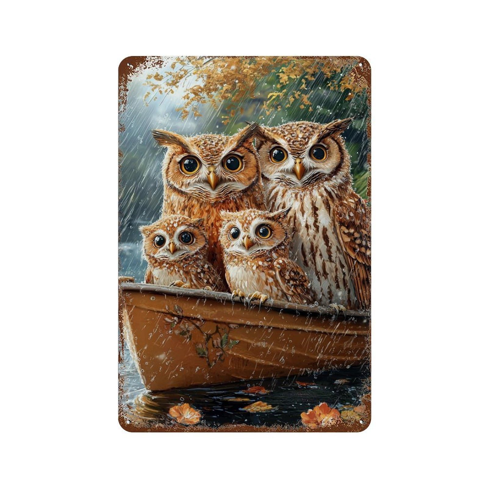 Rainy Day Owls Boat Decorative Tin Sign 11.8"x7.9", Industrial Home Decor for Garage, Pub Or Kitchen