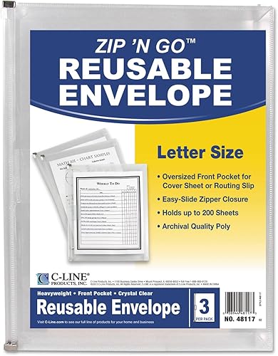 Miniatura 4 de C-Line 48117 Zip N Go - Sobre reutilizable con bolsillo exterior, 13 x 10, transparente, paquete de 3