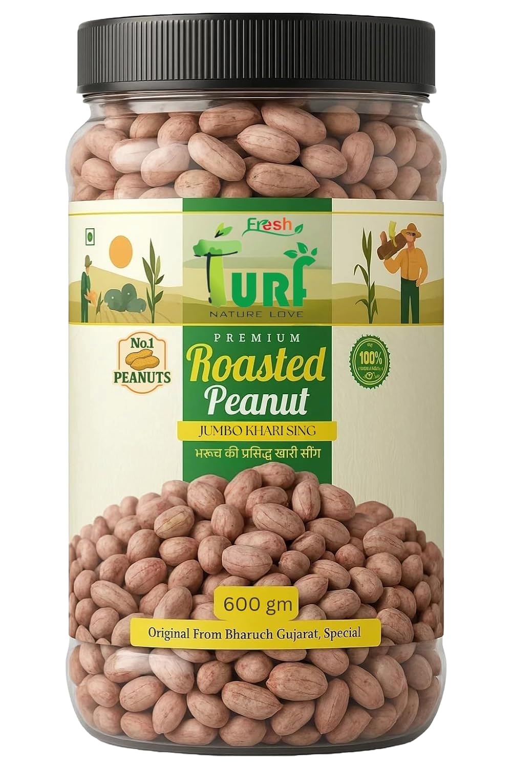 Turf Fresh Roasted Salted Jumbo Peanuts | Premium Khari Sing from Bharuch Gujarat | Crunchy Mungfali Dana Namkeen | Spicy Chakna Snack [Grade A Protein-Rich Healthy Peanuts] (Mota Pack - 600g jar)
