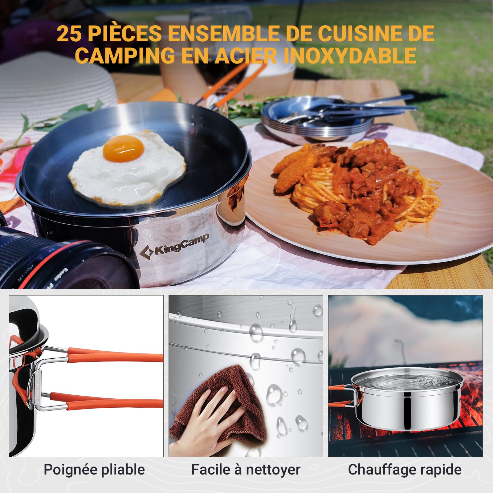 KingCamp Set de Cuisine de Camping, ustensiles de Camping ultralégers en INOX, Vaisselle Pliante pour Le Camping, idéale pour la randonnée, Les Pique-niques et la pêche
