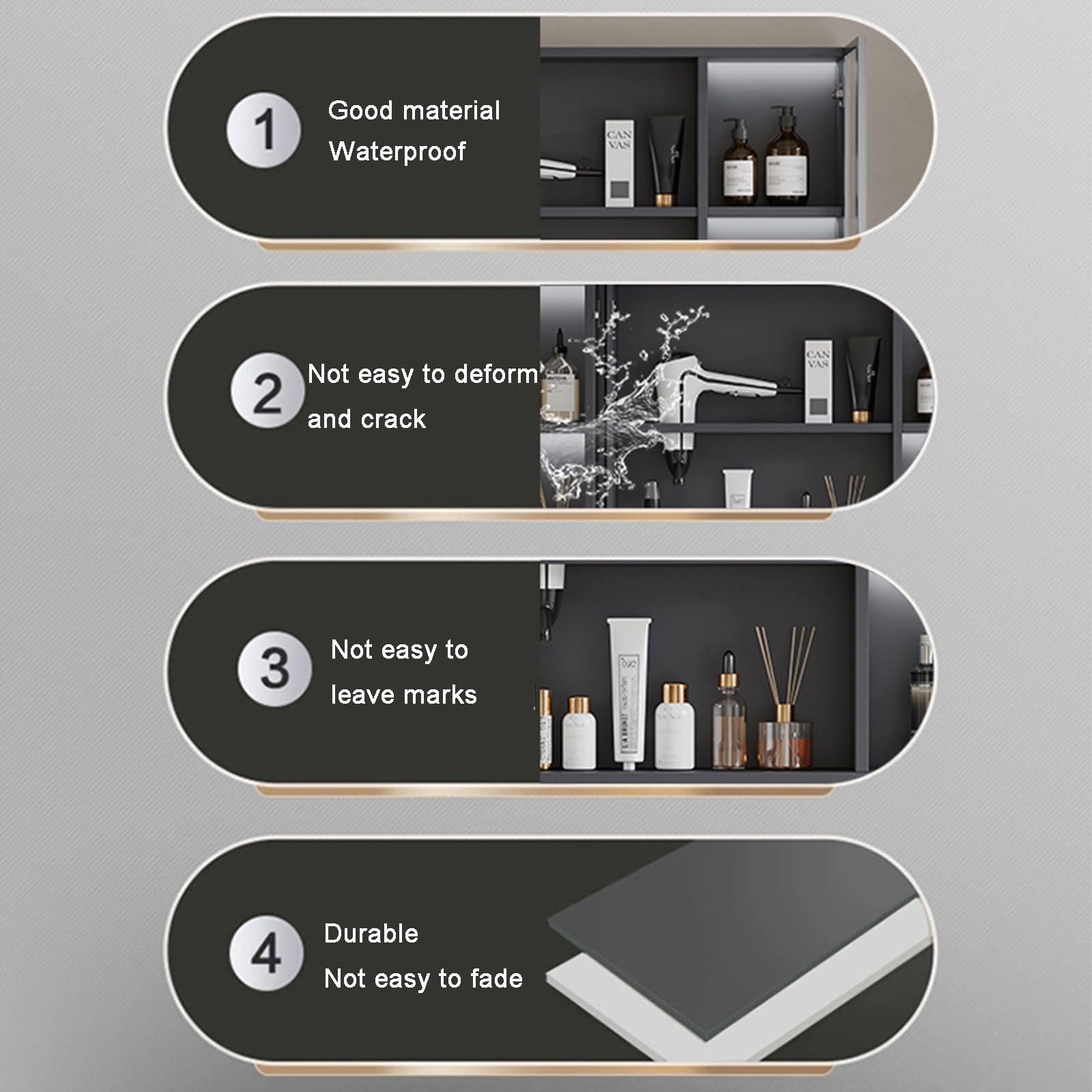 Armario de baño montado en la pared con espejo LED antivaho, función de almacenamiento de medicamentos, diseño moderno para ahorrar espacio y decoración elegante del baño.