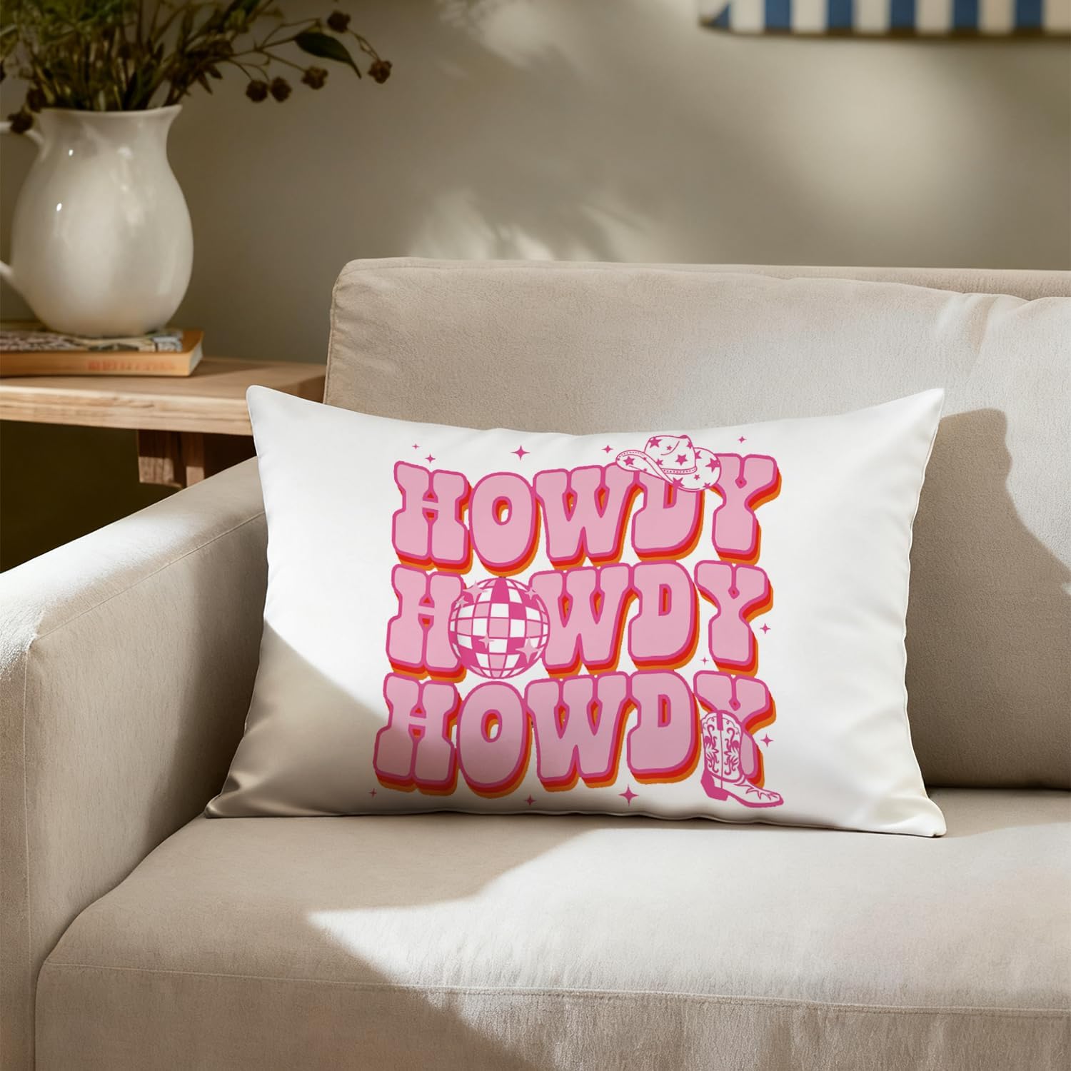 Pink Western Howdy Pillow Covers 12x20, Cowgirl Room Decor, Trendy Funky Retro Pink Disco Ball Cowgirl Decorative Throw Pillow Covers Pillowcases for Girls Bedroom Home Dorm Decor image 2