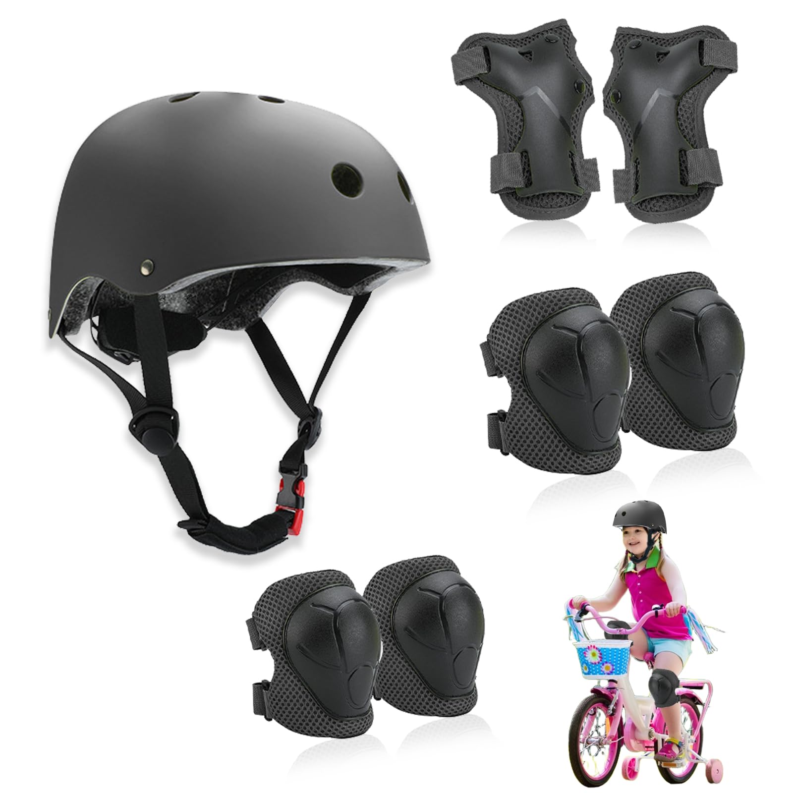 Ginocchiere per bambini con casco, equipaggiamento di protezione in linea per bambini, traspiranti e regolabili, set di ginocchiere per bicicletta, skateboard, scooter