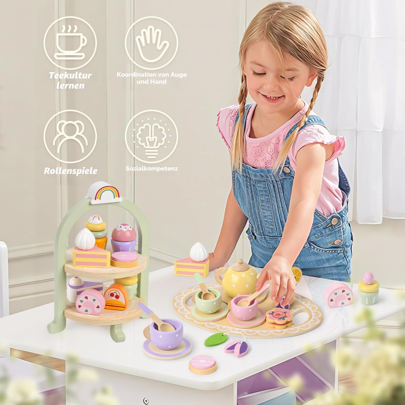 Atoylink Teeservice Kinder Holzspielzeug Kinderküche Zubehör Holz Teeparty Set mit Spielküche Holz Cupcake Ständer Teekanne Teetassen Teeset Rollenspiel Geschenk für Kinder Mädchen 3 4 5 6 7+ Jahre