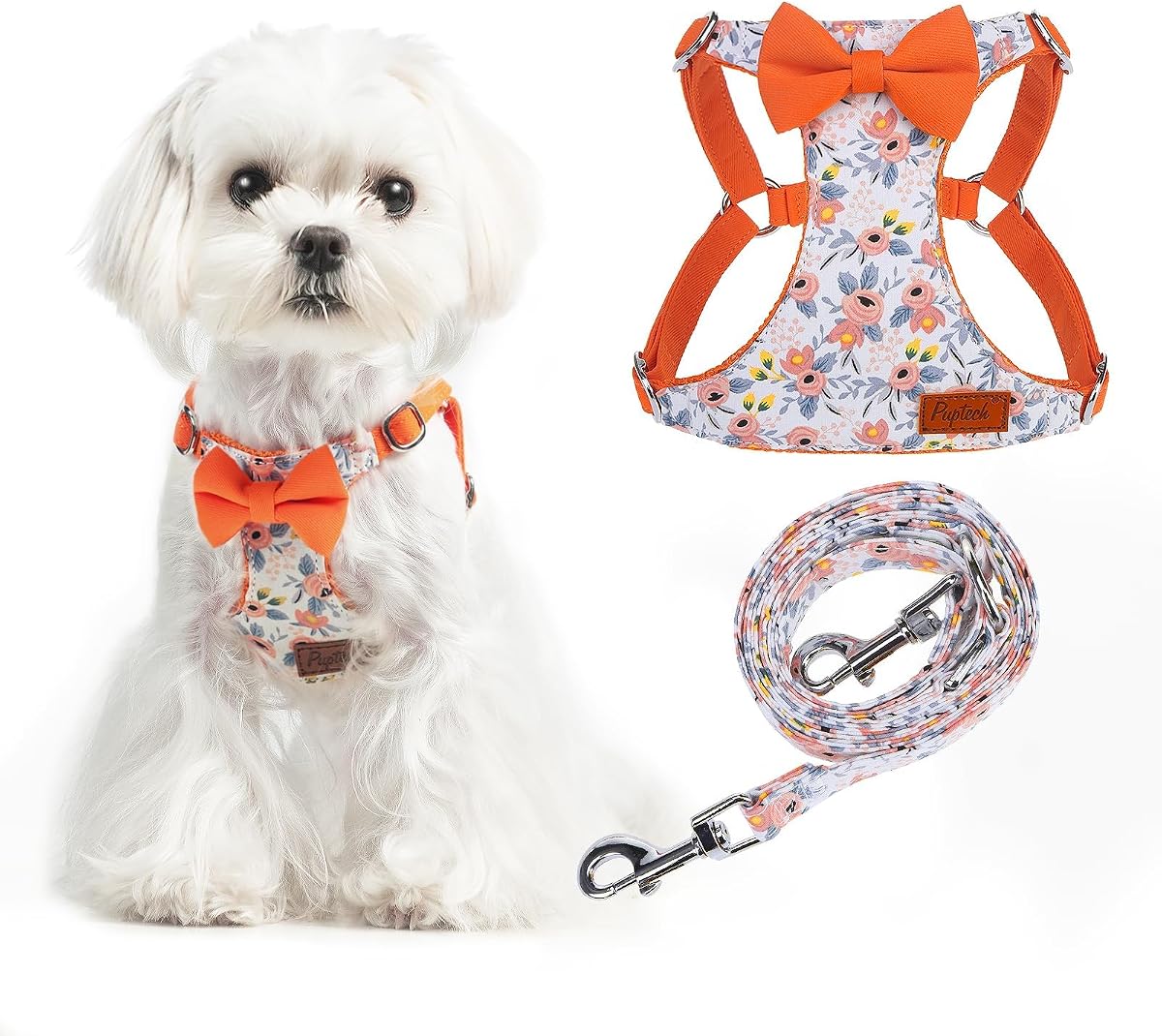 PUPTECK Dog Harness and Leash Set Small Sized, Lightweight Step-in Puppy Harness, Escape Proof No Pull Cute Pet Vest Harnesses, Orange Flower XXS
