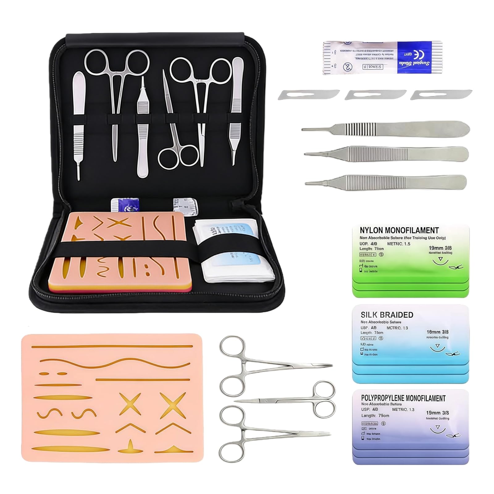 Chirurgisches Nahtset mit realistischem Pad, Wundnaht-Videokurs, Nahtmaterial Chirurgie, Wundnaht Übungsset, Suture Practice Kit, für Notfalltraining und Medizinische Ausbildung