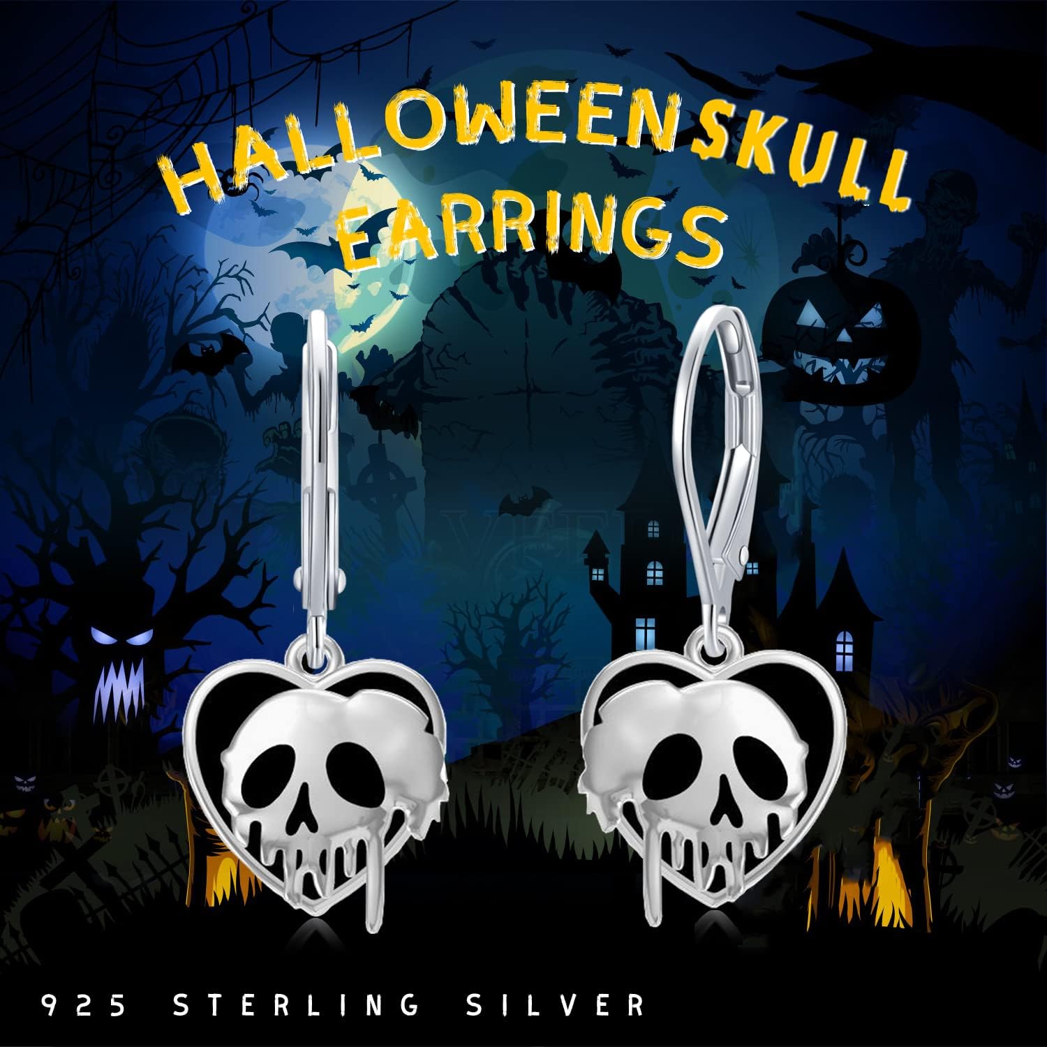 Skull/Pumpkin/Skeleton Hand/Ghost/Spider Earrings 925 Sterling Silver Halloween Heart Dangle Drop Leverback Earrings Gothic Punk Jewelry Gifts Halloween for Women