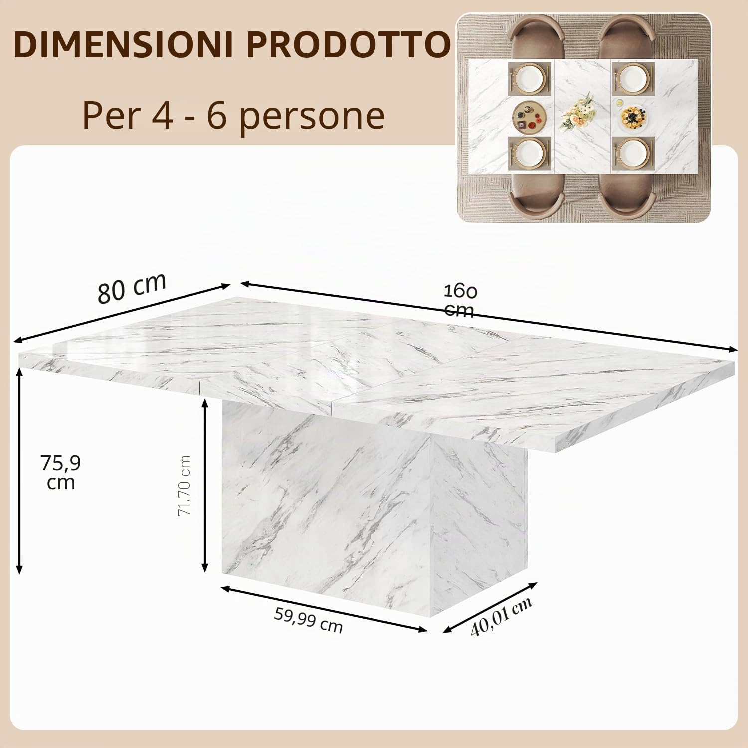 HSH Tavolo da pranzo in finto marmo bianco, 160 cm, moderno tavolo da pranzo per 6 persone, tavolo da cucina rettangolare per soggiorno, grande tavolo da pranzo in legno con piedistallo resistente