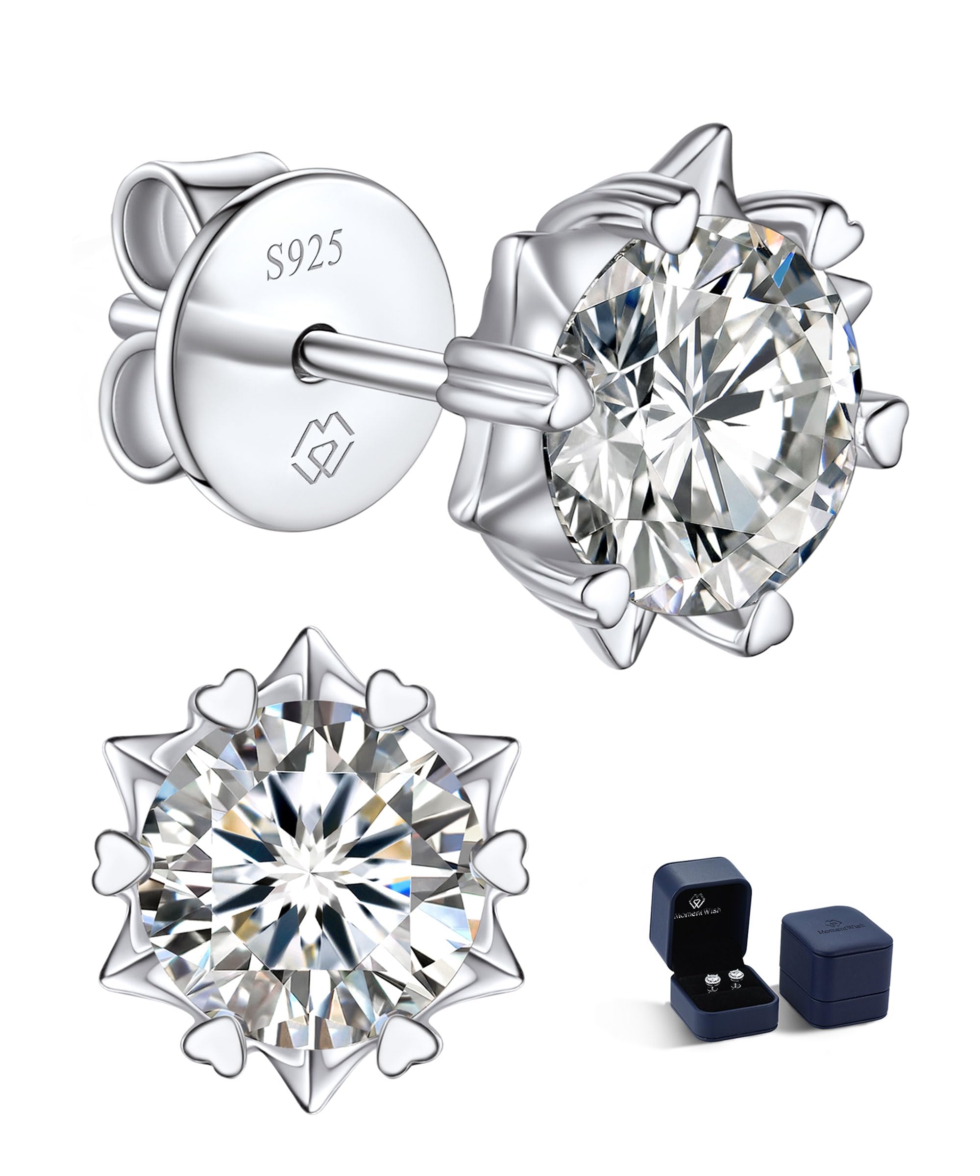 MomentWish Moissanite Earrings, Birthday Gifts for Her, D Color VVS1 Clarity Moissanite Stud Earrings, White Gold Plated 925 Sterling Silver Studs