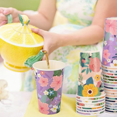Miniatura 7 de BYMIOYA Vaso de papel desechable de primavera de 16 onzas, 48 piezas con tapas, 6 tazas de papel para beber con diseño floral de primavera para