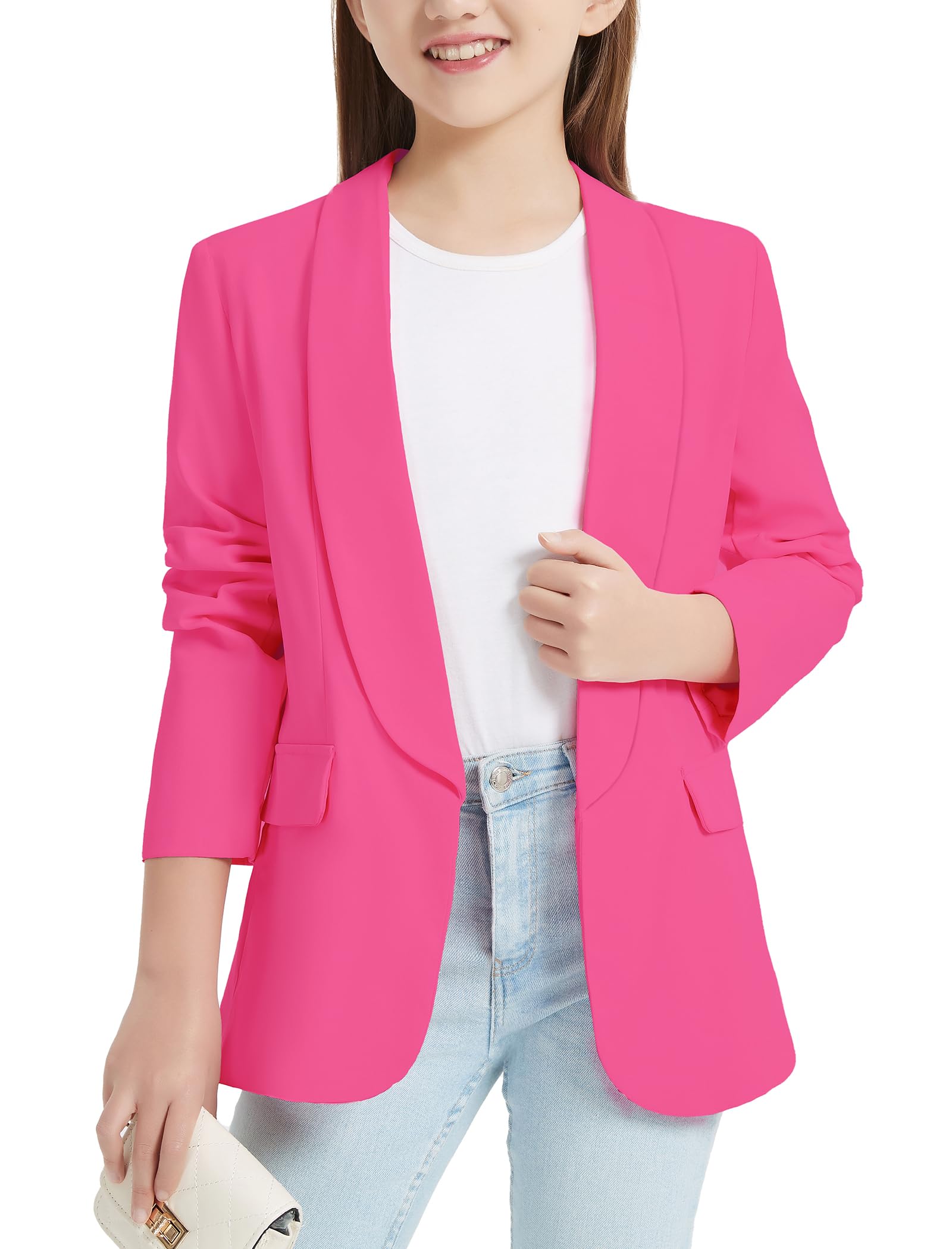 EXARUS Girls Blazer Jacket Teen Suit Long Sleeve Shawl Collar Formal Blazers Open Front Inner Pocket for Kids 6-12 Year