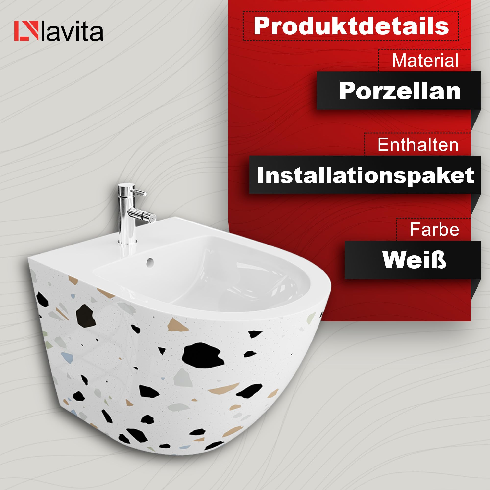 LAVITA Bidé universal de pared Sofi Stone con orificio para grifo y protección contra desbordamiento, de cerámica, para montaje en la pared, higiénico y fácil de limpiar, 36,5 x 49 x 32,5 cm