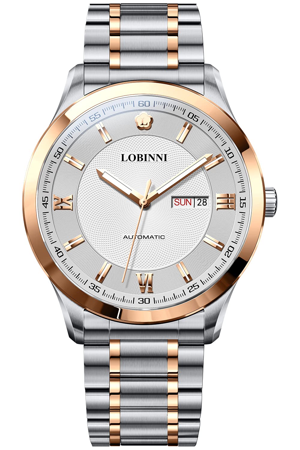 Lobinni Orologio da lavoro meccanico automatico analogico di lusso degli uomini,Weekender,Cinturino in acciaio inossidabile, Rosa, Meccanico