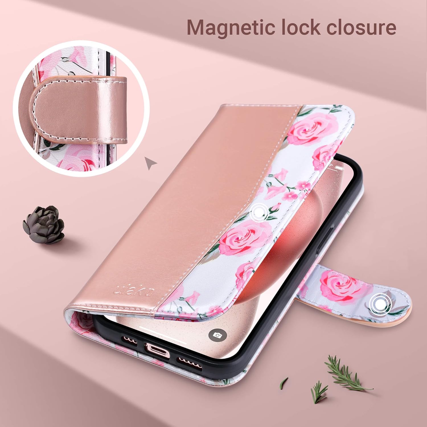ULAK Compatible with iPhone 15 Wallet Case for Women, Premium PU Leather Floral Flip Cover with Card Holder, Kickstand Feature Protective Purse Case for iPhone 15 2023 6.1 Inch, Rose Gold - Image 7
