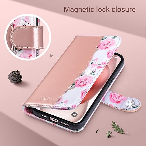 Miniatura 7 de ULAK Funda de piel sintética de primera calidad con tarjetero y función atril para iPhone 15 de 6.1 pulgadas, color oro rosa