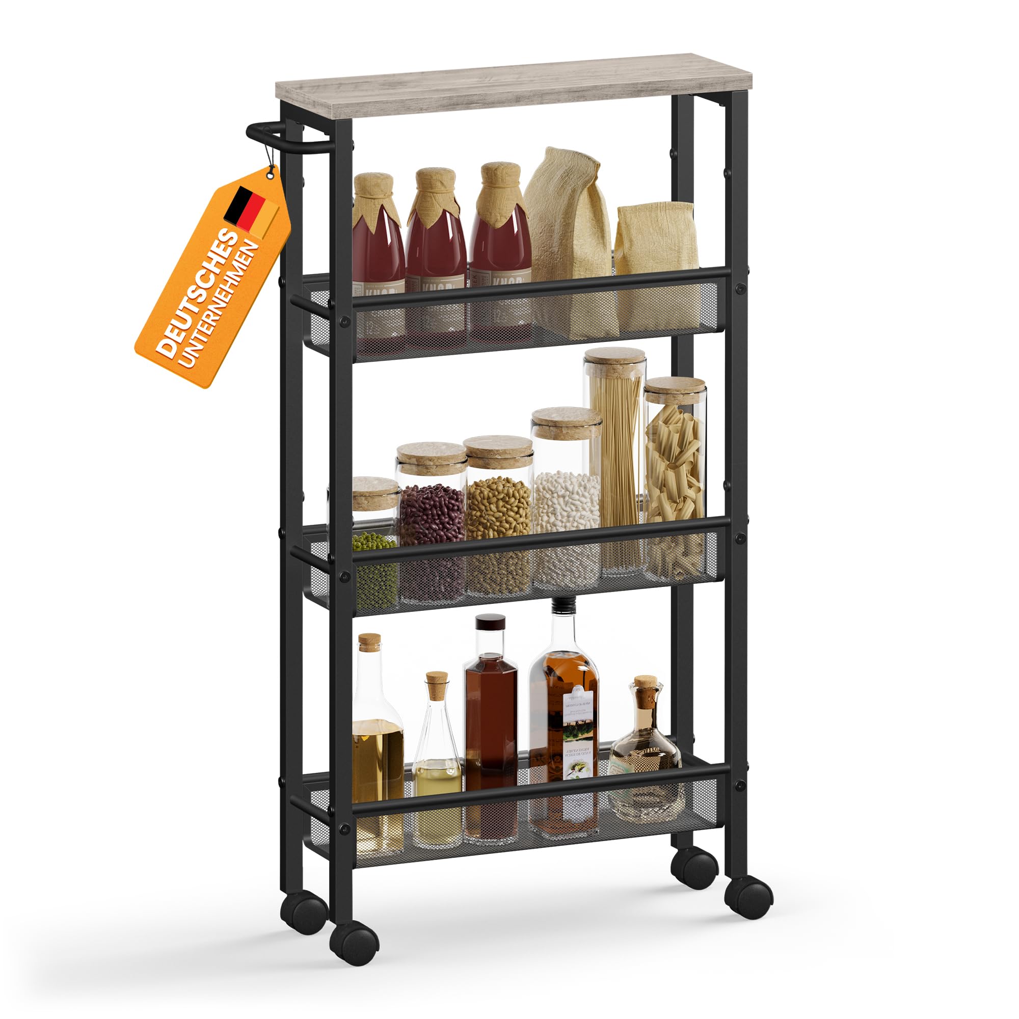 VASAGLE Rollwagen 4 Ebenen, Küchenwagen schmal, Nischenregal auf Rollen, Stahl, Griff, für kleine Räume, 13 x 45,5 x 77 cm, Küche, Bad, Wohnzimmer, Arbeitszimmer, Greige meliert-schwarz LRC032K01