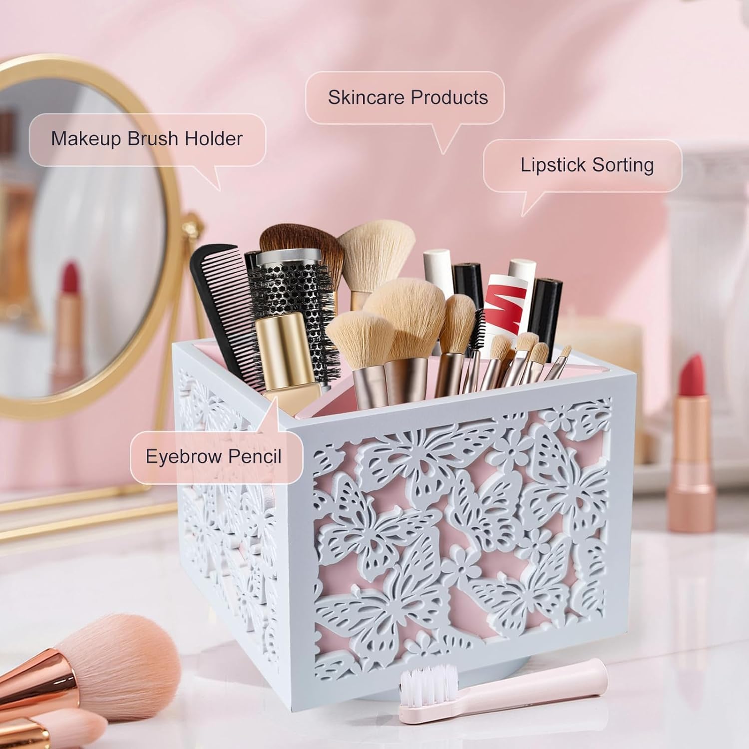 360 Rotating Makeup Brush Holder with Butterfly Cutout, Pink Makeup Brush Organizer for Vanity - 4 Compartment Spinning Wooden Desk Organizer for Pens, Lipsticks, Eyebrow Pencils