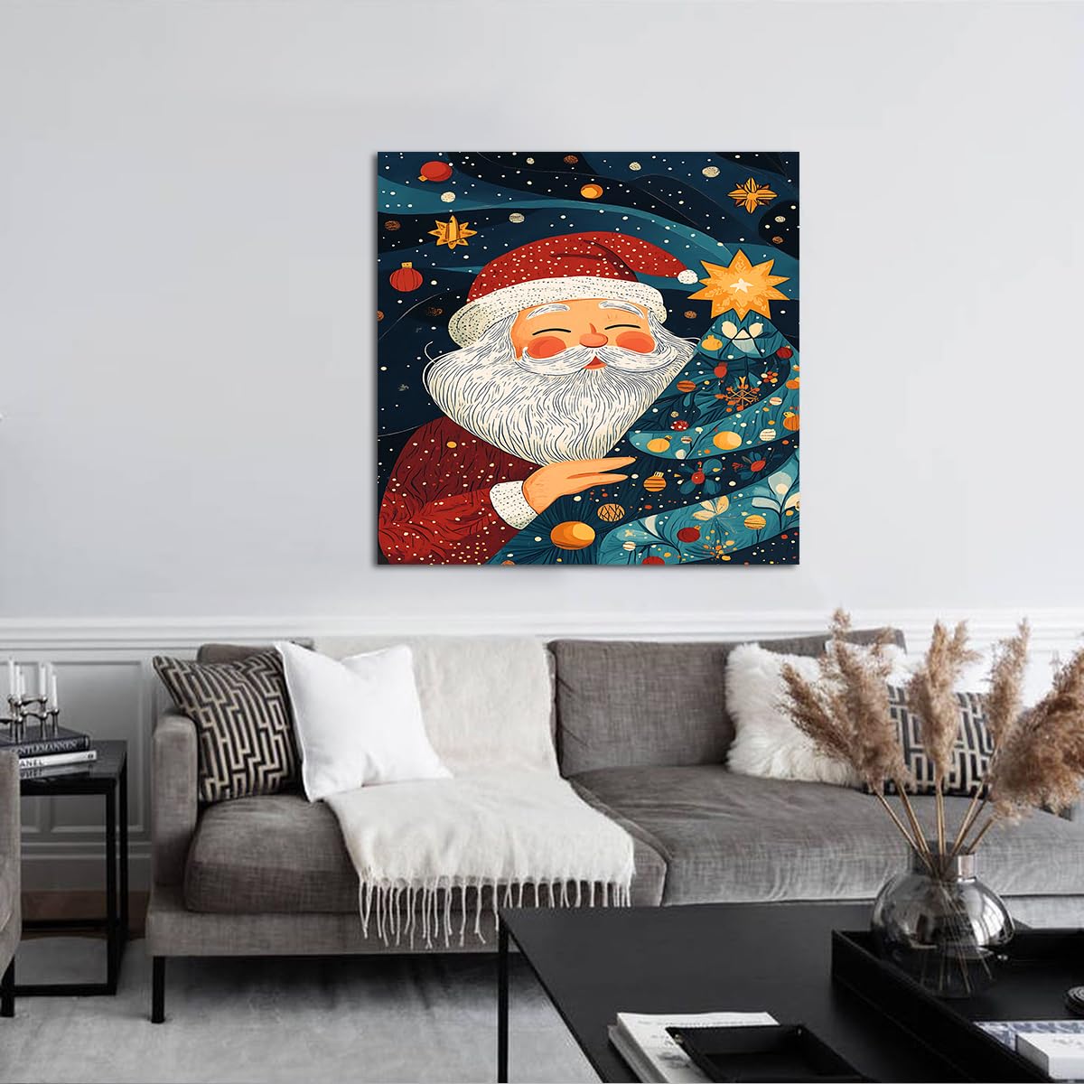 YUNART Świąteczne rysunki na ścianach Święty Mikołaj plakaty i druki obraz choinkowy rustykalna zimowa dekoracja do salonu domowego75x75cm
