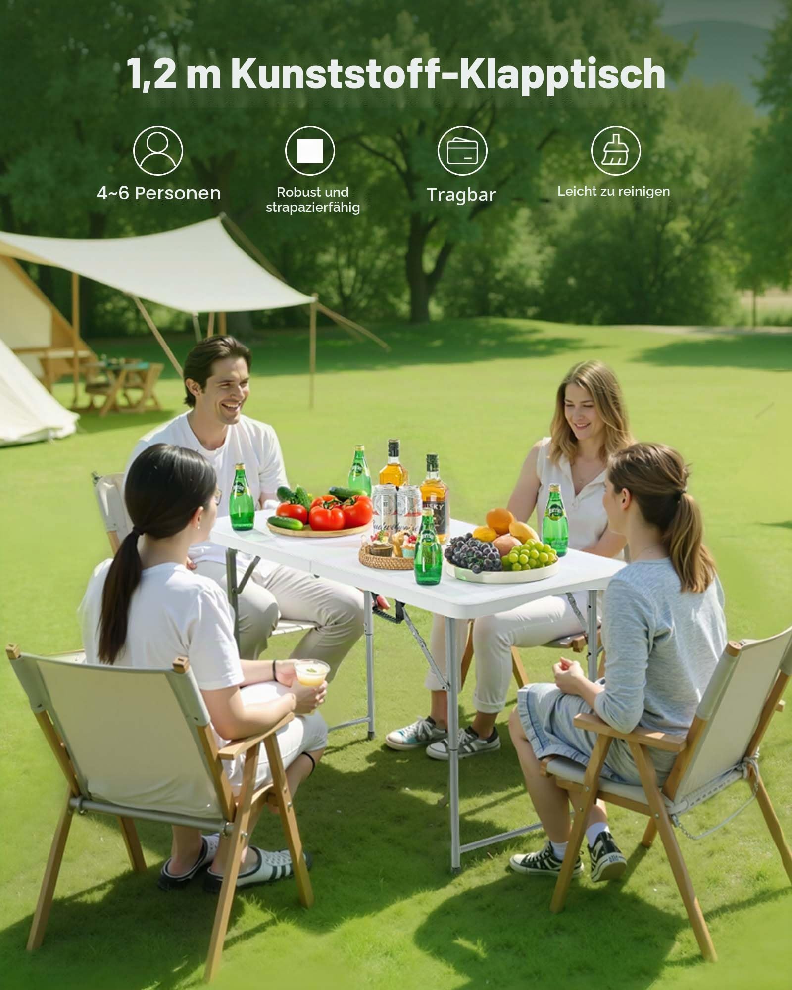 VEVOR Klapptisch Buffettisch tragbarer Allzwecktisch 122 cm, rechteckiger Kunststofftisch mit Verstellbarer Höhe & integriertem Griff, Gartentisch Campingtisch für Partys Picknick Camping, weiß