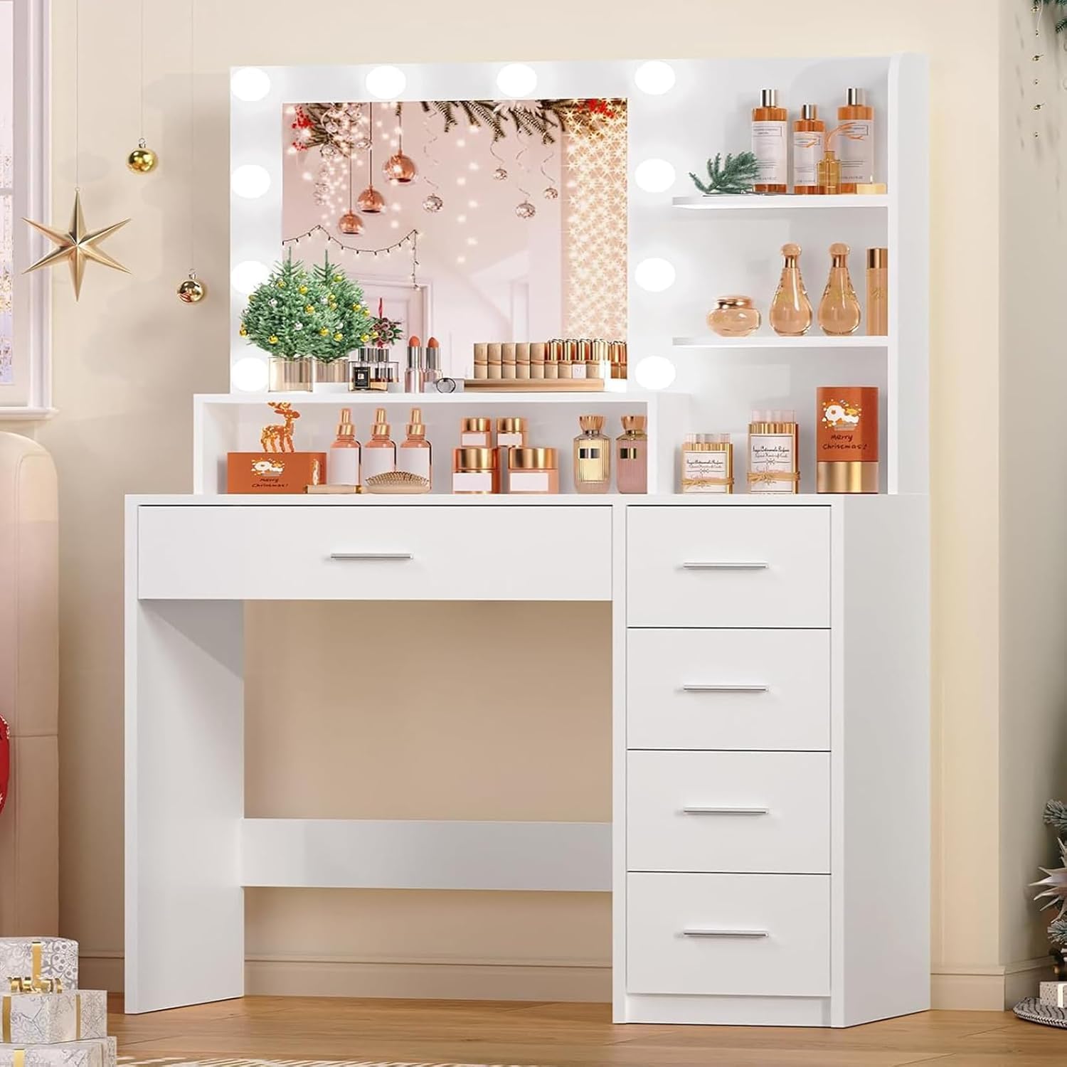 Vanity Desk with Mirror and 10 Lights, Makeup Vanity with 5 Drawers, 3 Storage Shelves, 3 Color Modes & Adjustable Brightness Dressing Table, 35.4โ White Vanity for Girls, White