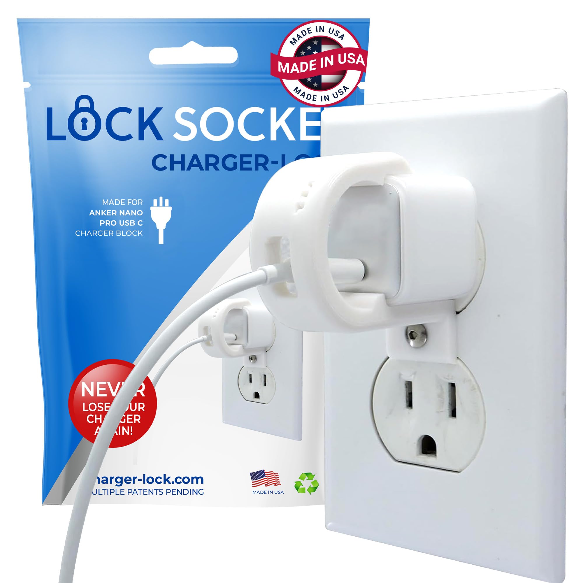 Lock Socket Charger Lock Original for Anker 511 20W - Anti Theft Cord & Outlet Lock, Firmly Secures for Apple iPhone, iPad, iPod, Samsung and More -Child-Safe - Made in USA