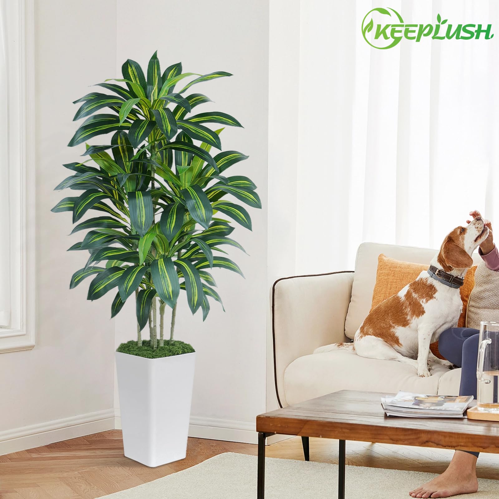 Pianta Finta Dracaena Artificiale 150cm alta con Vaso Bianco, Piante Finte da Interno Grandi Ha 108 foglie, Albero Artificiale Interni Per Soggiorno Ufficio Giardino Dec