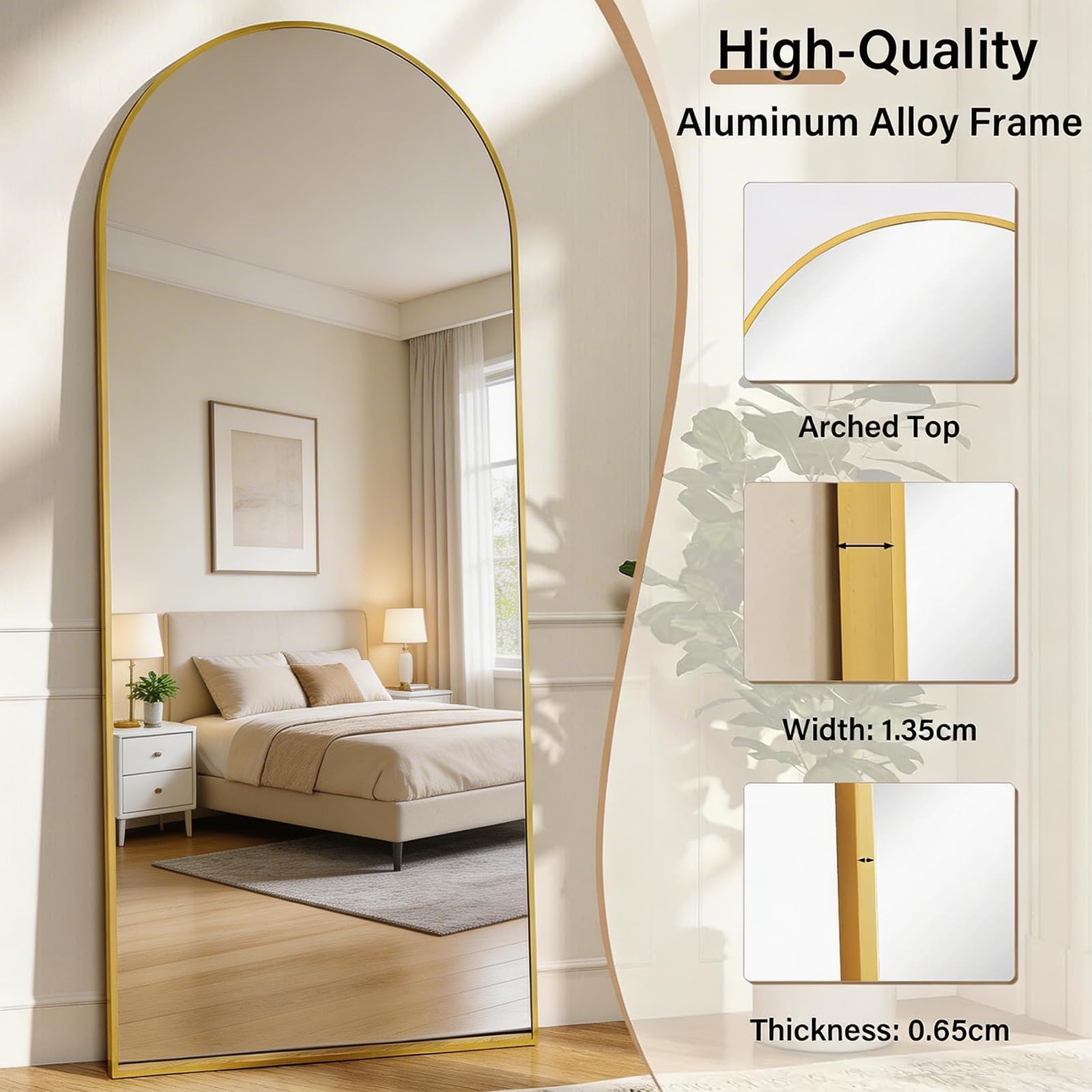 Espejo de Cuerpo Entero Espejos de Suelo Arqueado con Soporte, Marco de Aleación de Aluminio, Cristal Templado, para Dormitorio, Salón, Vestuario, Navidad - Oro, 179x65cm | 71" L x 26" W