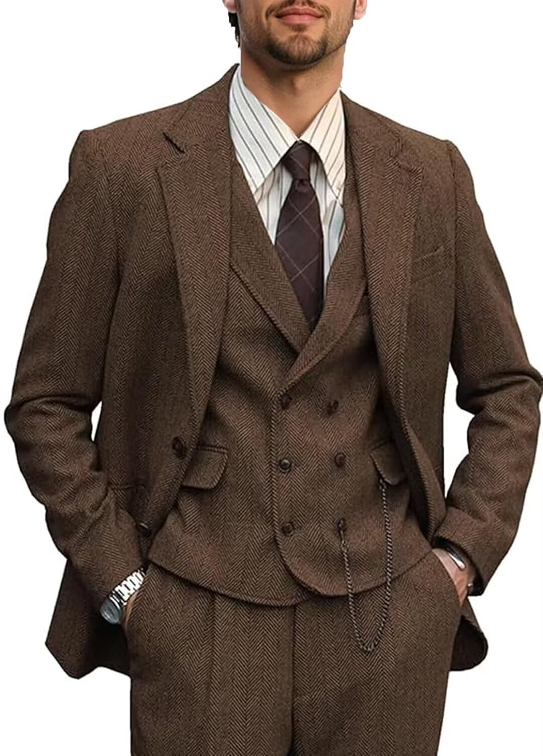 Retro Men Suit 3 Piece Brown Grey Tweed Herringbone Men's Suits Slim Fit Groom Tuxedos Prom Blazer Custom Jacket