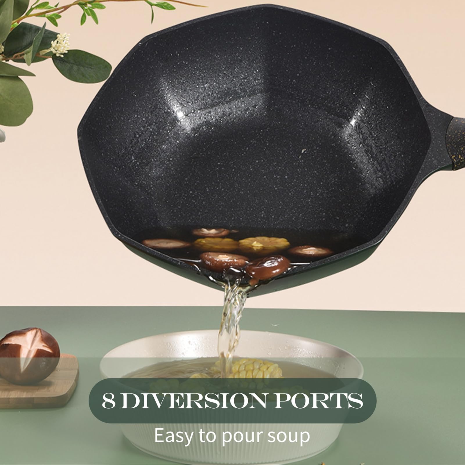Wok octogonal con revestimiento de piedra Maifan, sartén antiadherente de aluminio fundido con tapa transparente y mango ergonómico, apto para todas las estufas, 4-6 porciones