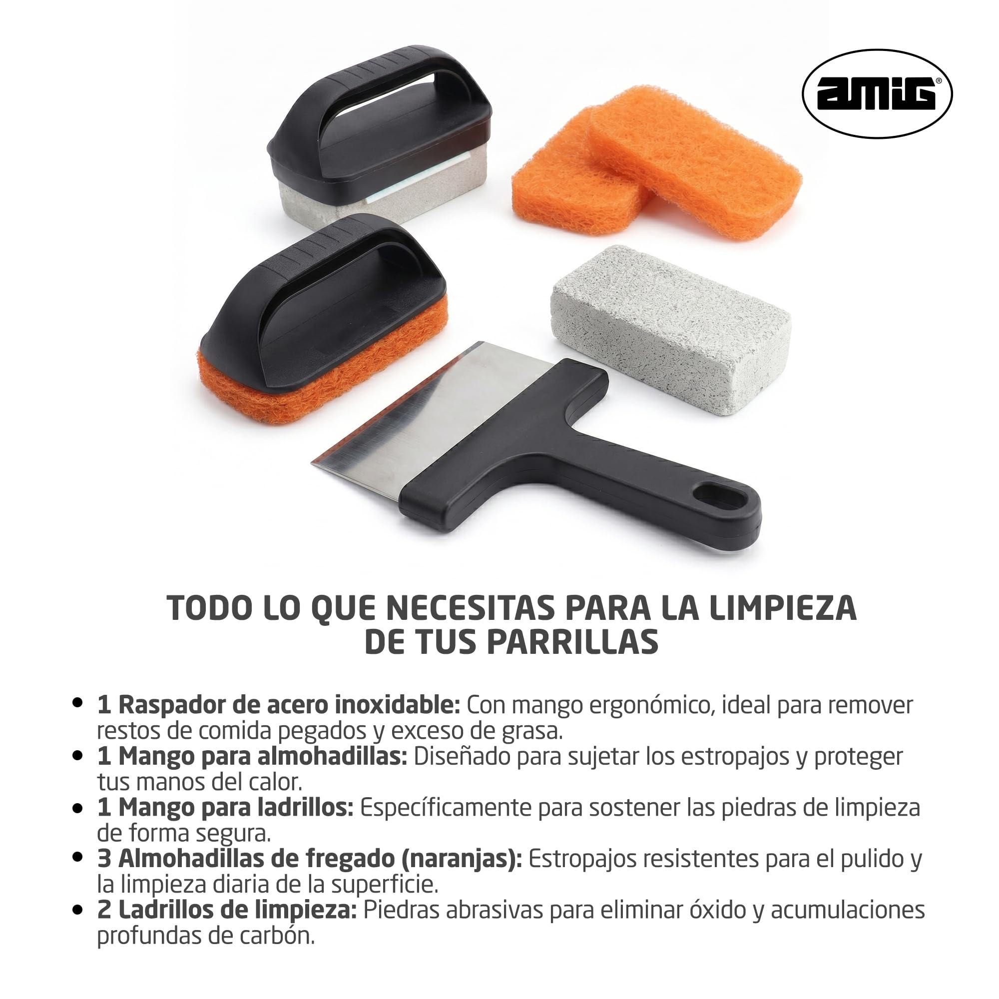 Amig - Kit 8 accessori pulizia barbecue AM22 - Raschietto 23 cm + 3 spugne in poliestere + 1 spugna in PP + 3 blocchi pulizia - Acciaio inox e polipropilene