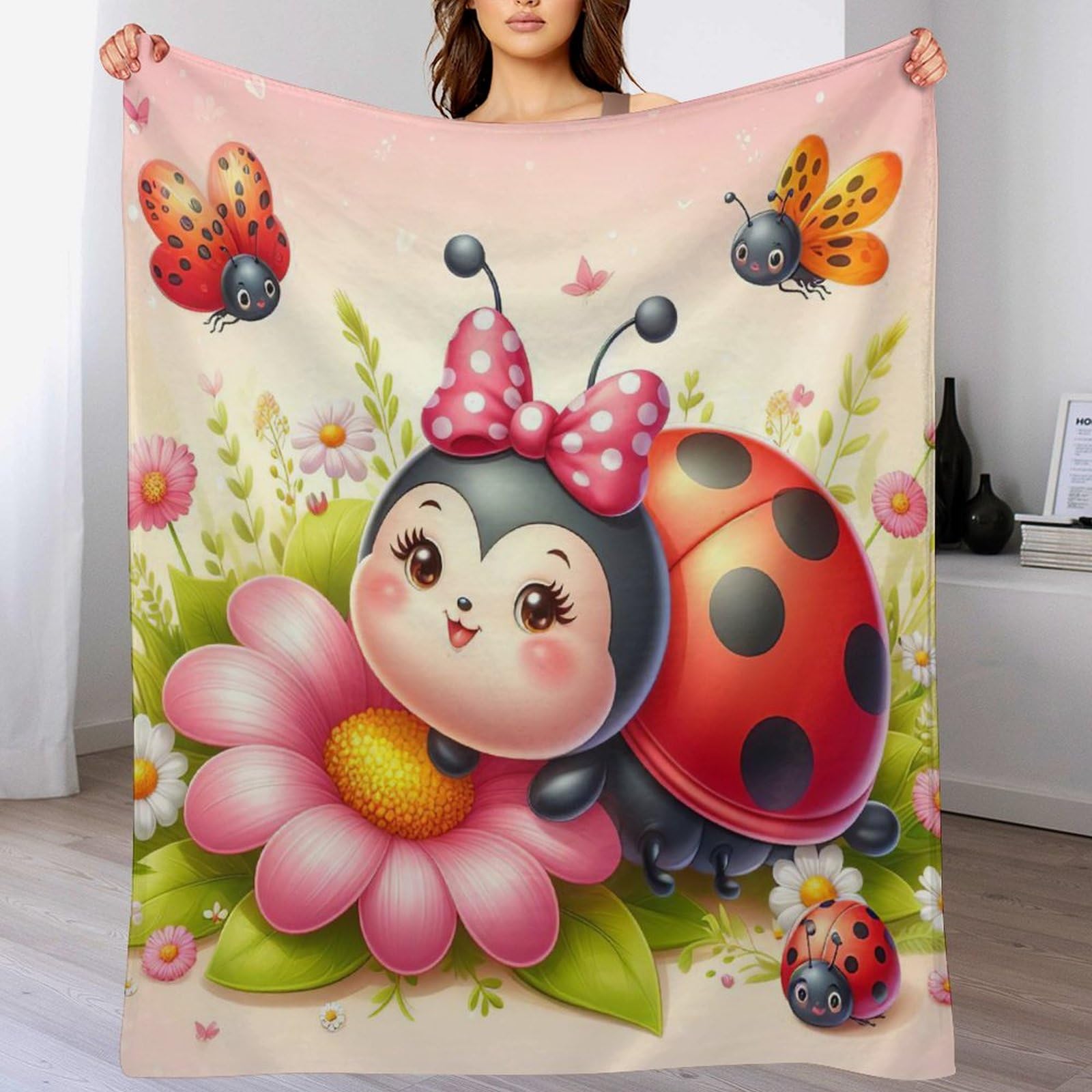Couverture polaire coccinelle 100x130cm en flannel douce pour lit et canapé