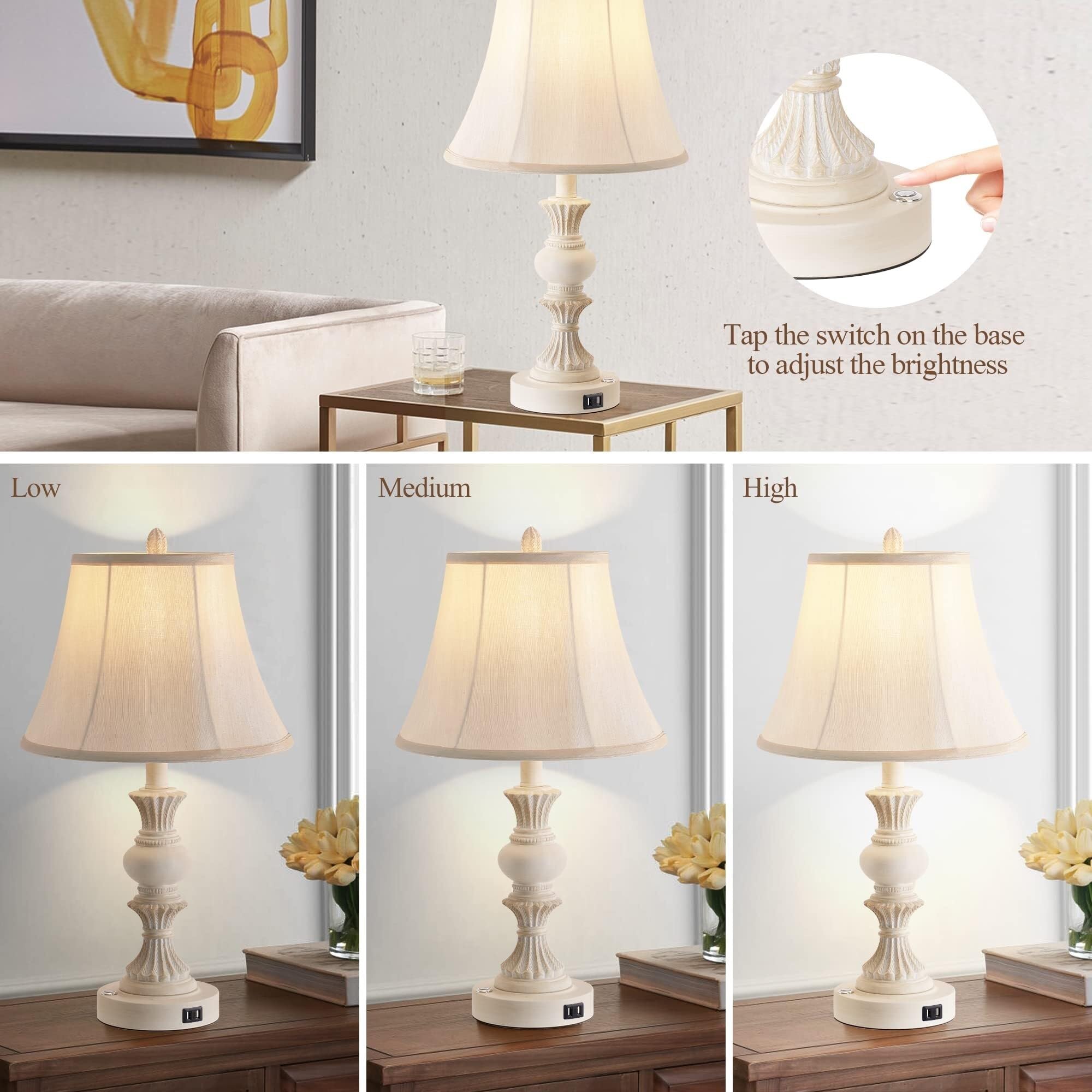 CCXXYGWJ Lampada da Tavolo con Finitura Bianca Anticata con Doppie Porte USB e Controllo Touch - Confezione da 2 per Uso in Camera da Letto