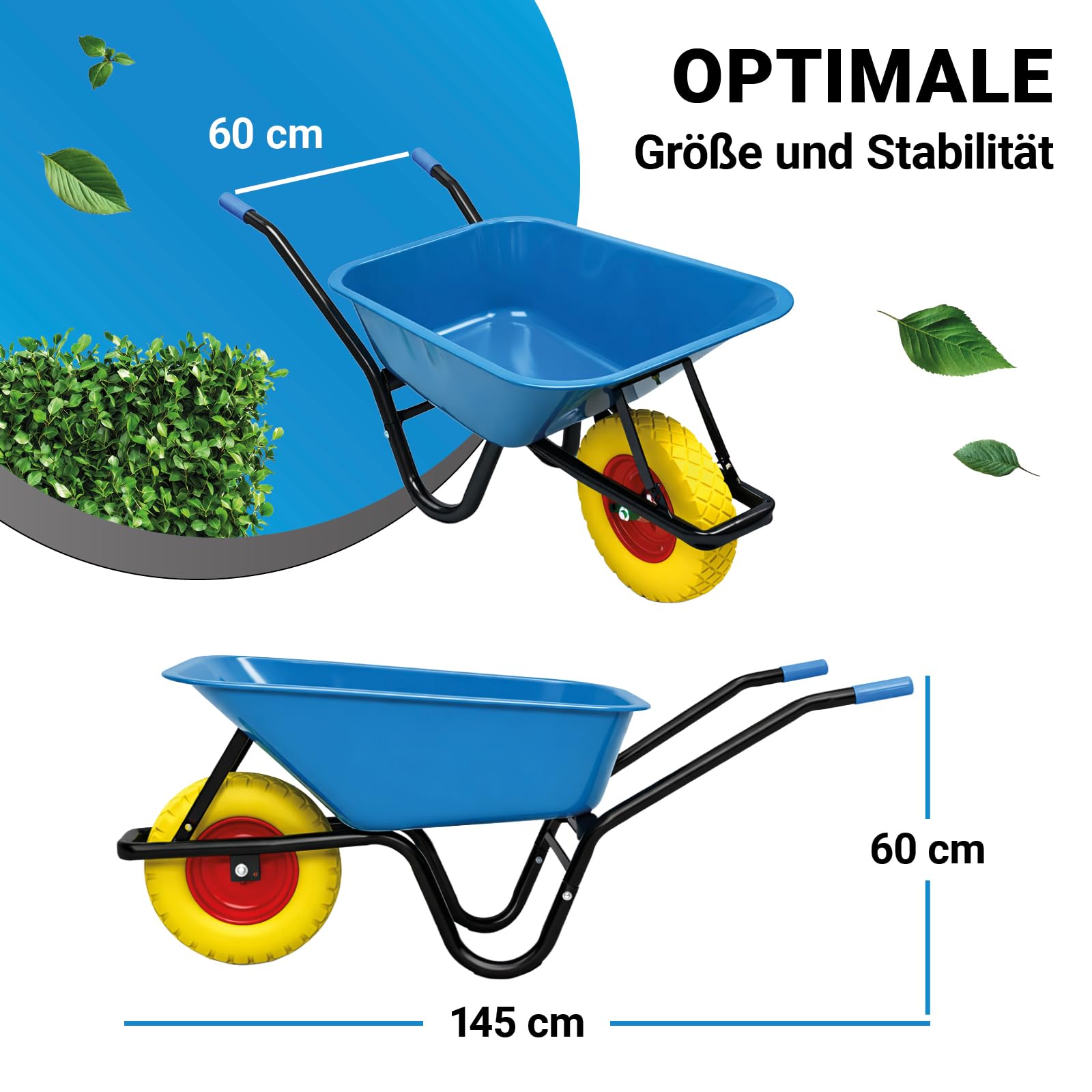 BITUXX Schubkarre 100L Schubkarren Schiebkarre Groß Scheibtruhe Bauschubkarre Blau mit PU Vollgumi Rad Gelb bis 250kg