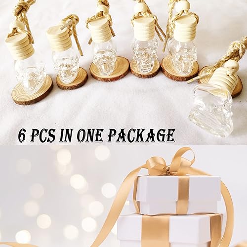 Miniatura 5 de WMugthome 6 botellas líquidas rellenables de cristal de calavera pequeña con tapa de madera colgante, tapón suave y dispensador para mezcla de