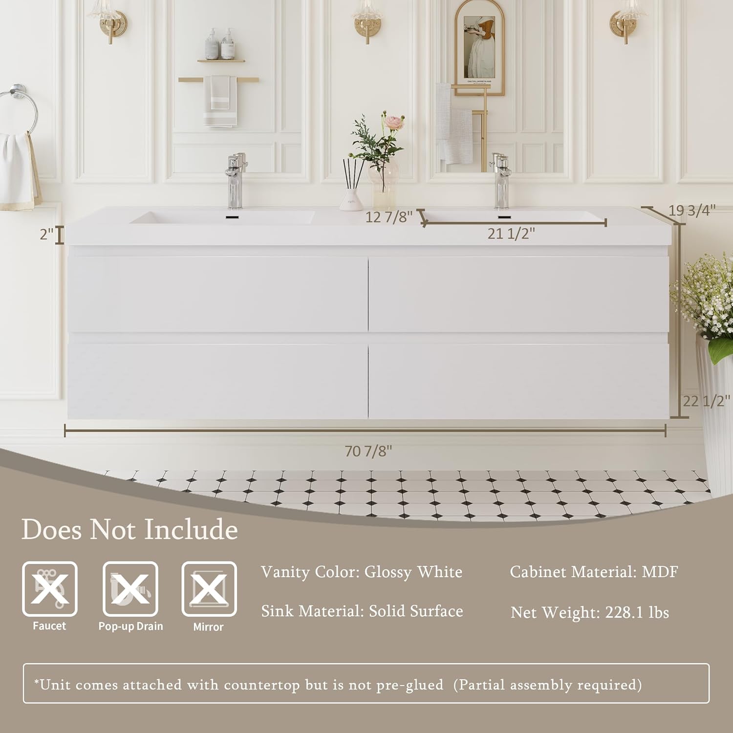 Floating Bathroom Vanity with Double Sinks, 72" Wall-Mounted Bathroom Storage Vanity Cabinet with Resin Top Basin and Soft Close Drawers, No Assembly Required, Glossy White