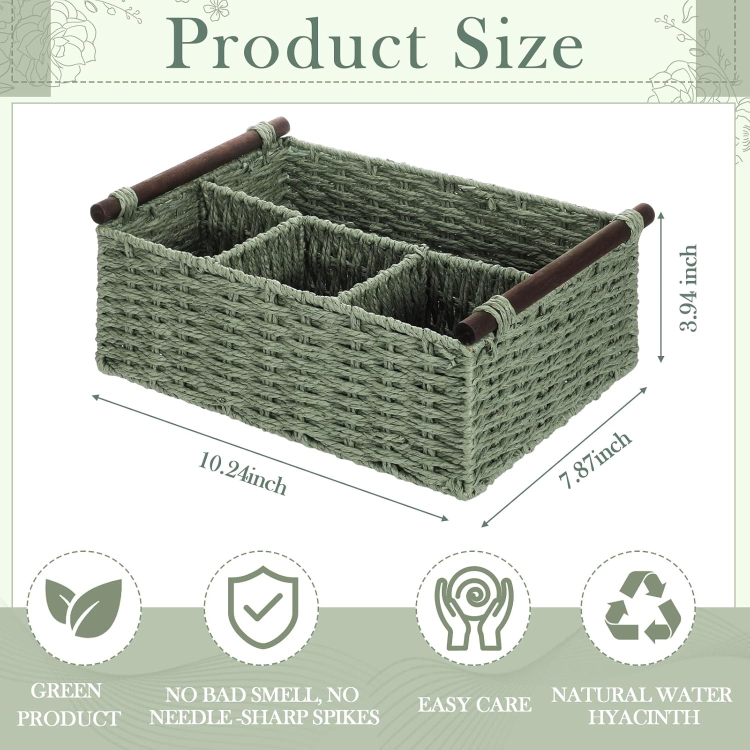 Remerry Green Bathroom Countertop Organizer Caddy, Wicker-Like Divided Basket with Handle and Metal Frame, 4 Compartment, Paper Rope Storage Organizer for Vanity Kitchen (10.24 x 7.87 x 3.94 in)