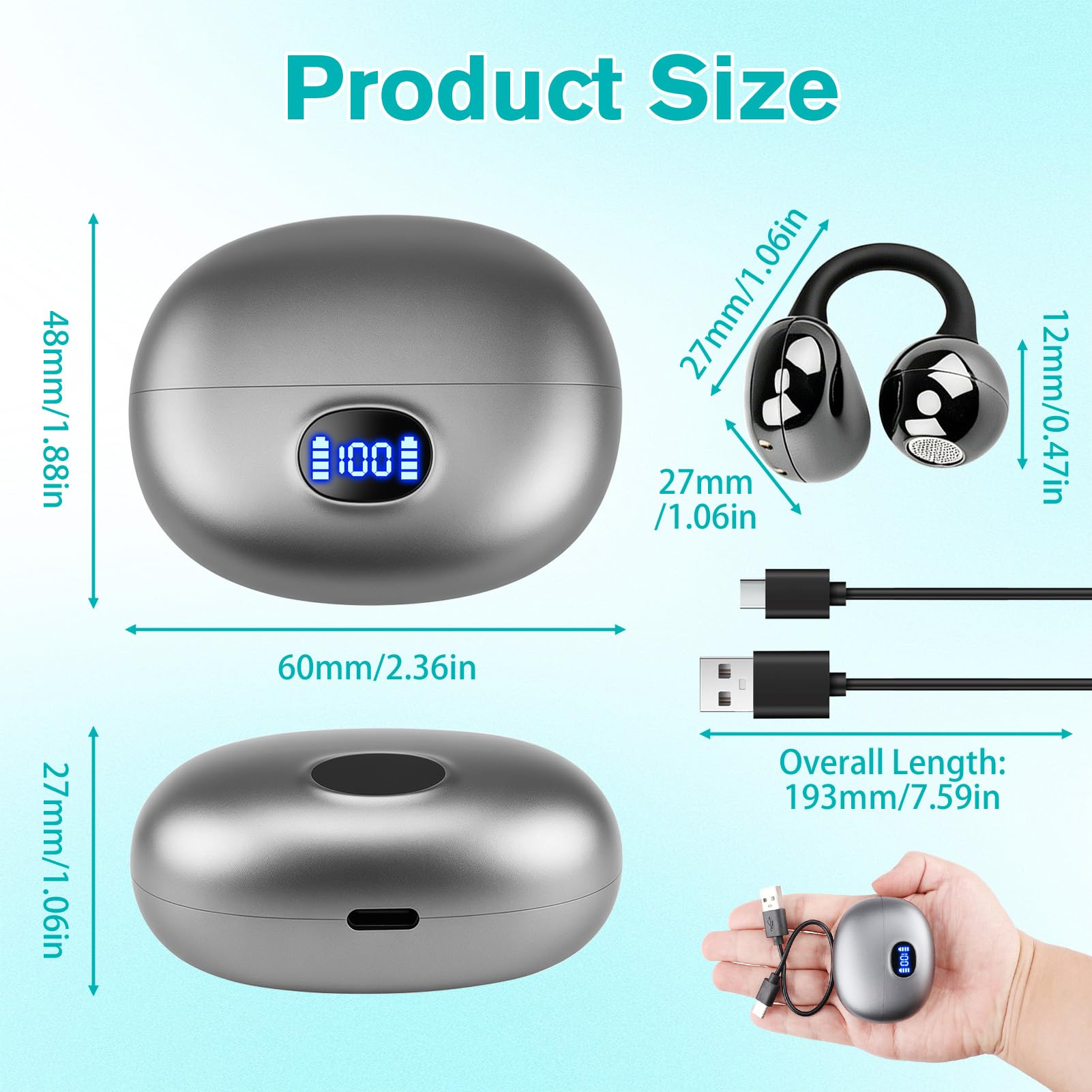 Auricolari Bluetooth senza fili,Open-Ear con clip, cancellazione del rumore, leggero con clip, impermeabile, display a LED, per sport, corsa, studio, viaggi (iOS e Android), qualità del suono di
