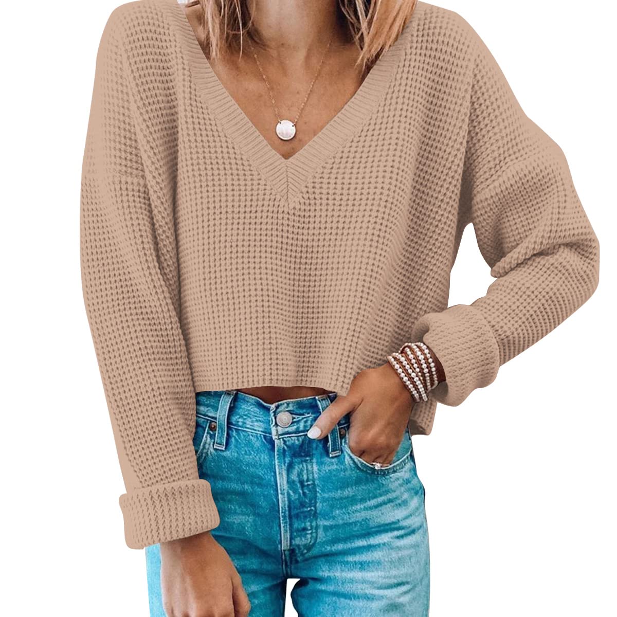 Womens V Neck Waffle Knit Cropped Top Long Sleeve Pullover Crop Sweater-image-20