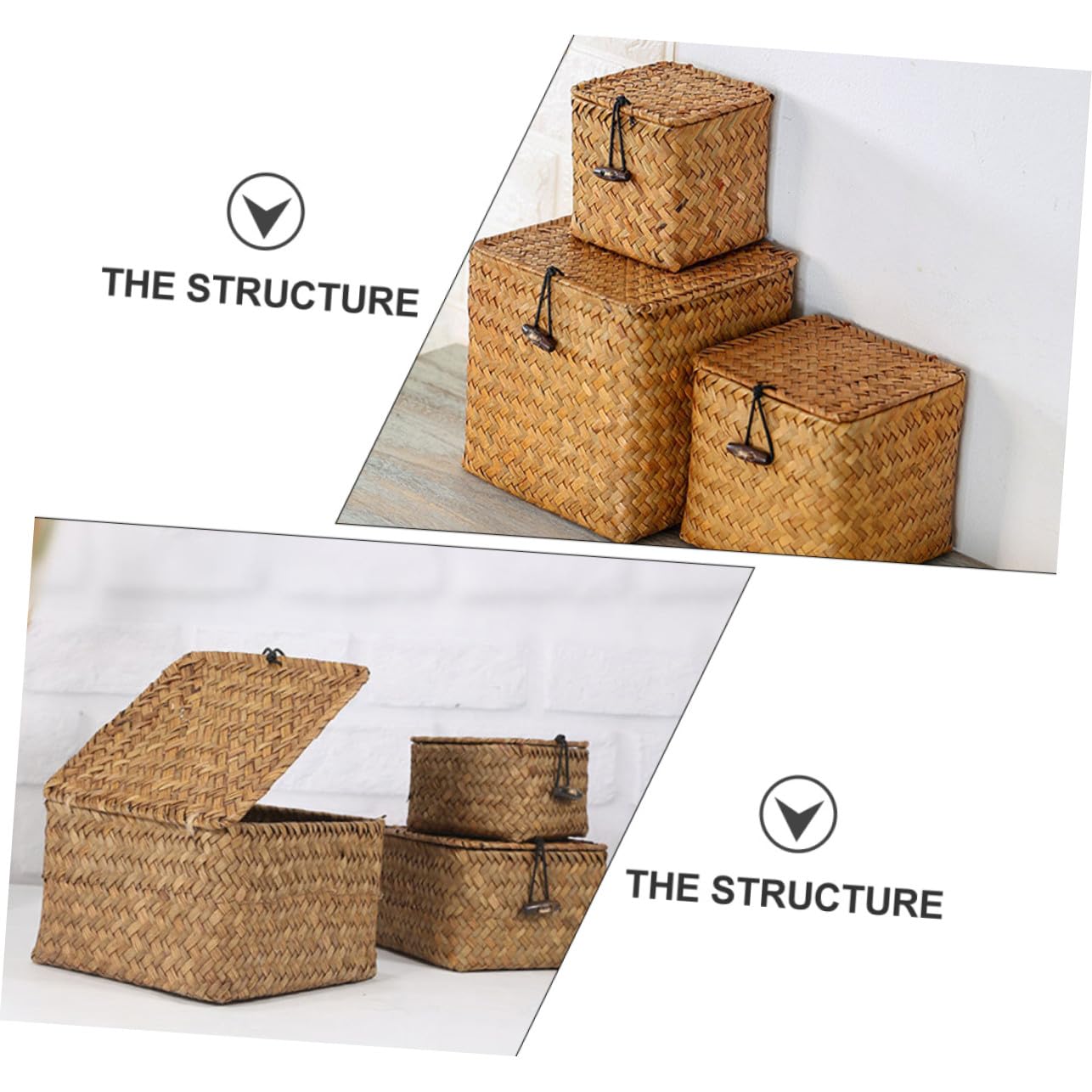 SOIMISS 3 pezzi Cesti Intrecciati in Paglia Naturale con Coperchio Contenitori Compatti e Resistenti per Frutta e Organizzazione Desktop per Casa e Regalo