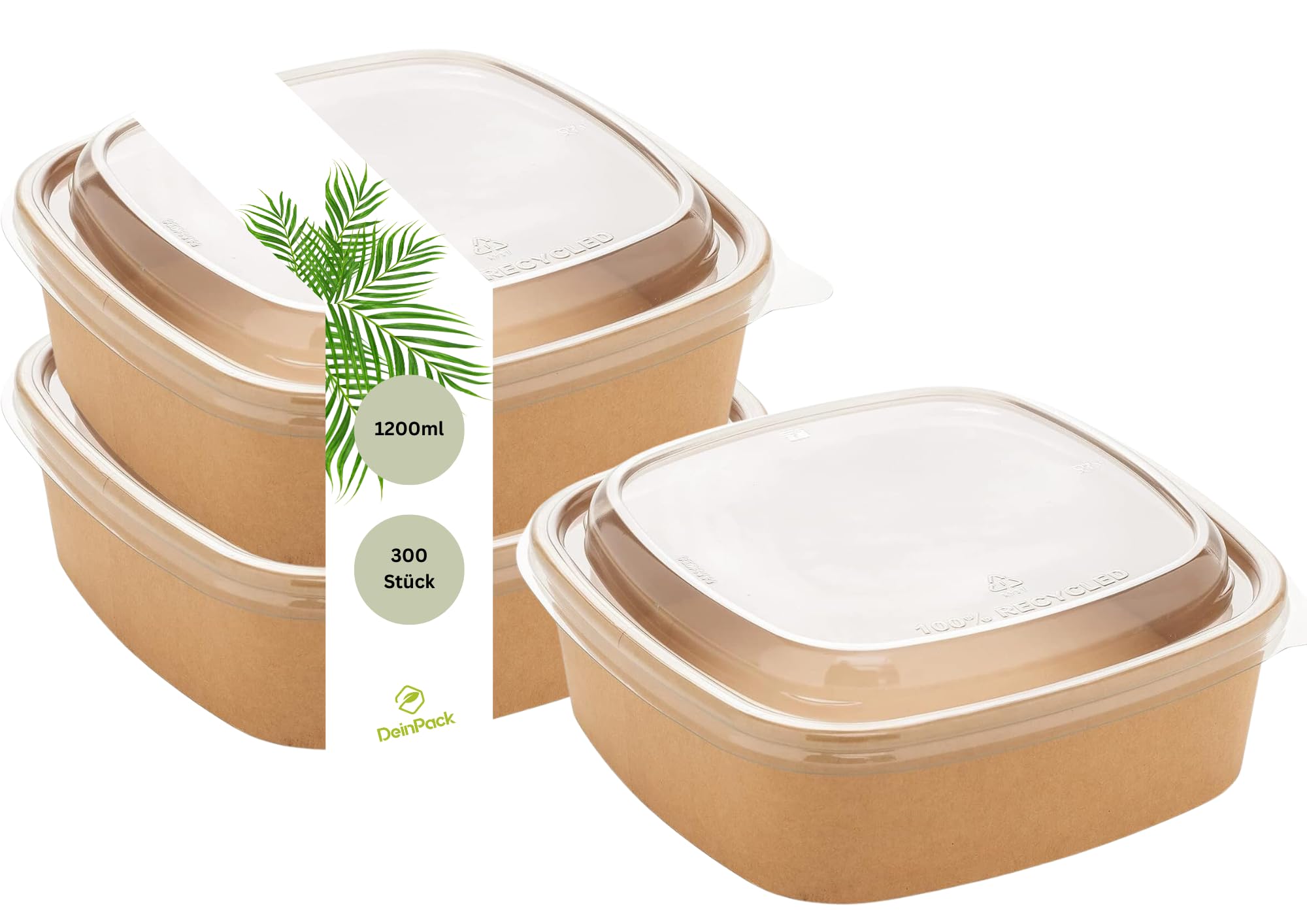 Lot de 300 saladiers à emporter avec couvercle marron rectangulaire 1200 ml I Bols recyclables en carton kraft avec revêtement intérieur PLA I Couvercle a été créé en PET recyclé