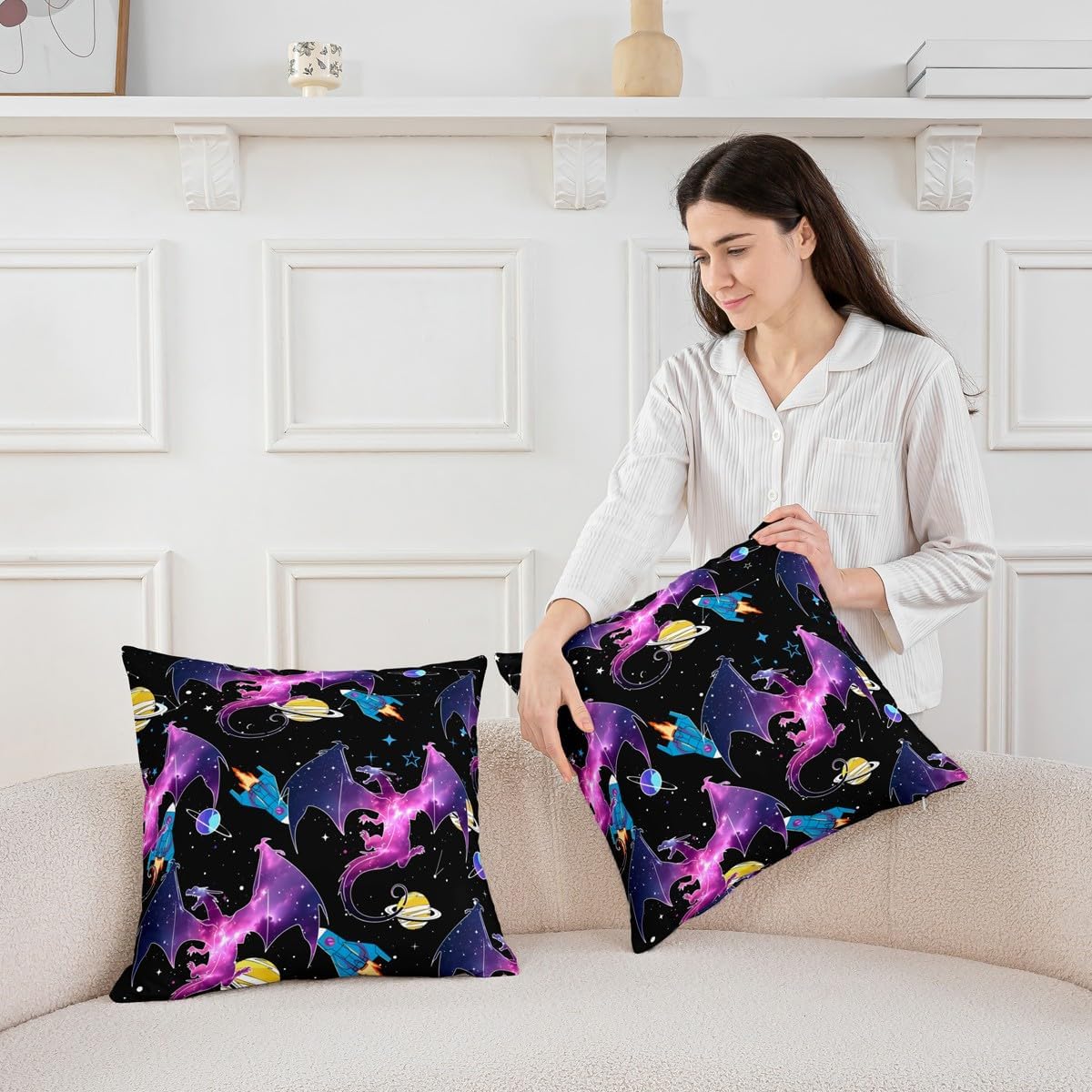 Feelyou Galaxy Dragon Throw Pillow Cover for Couch Sofa Bed, Galaxy Starry Sky Decorative Pillows Cushion Cover, Wild Jungle Dragon Pillow Inserts Not Included, 24x24 inch
