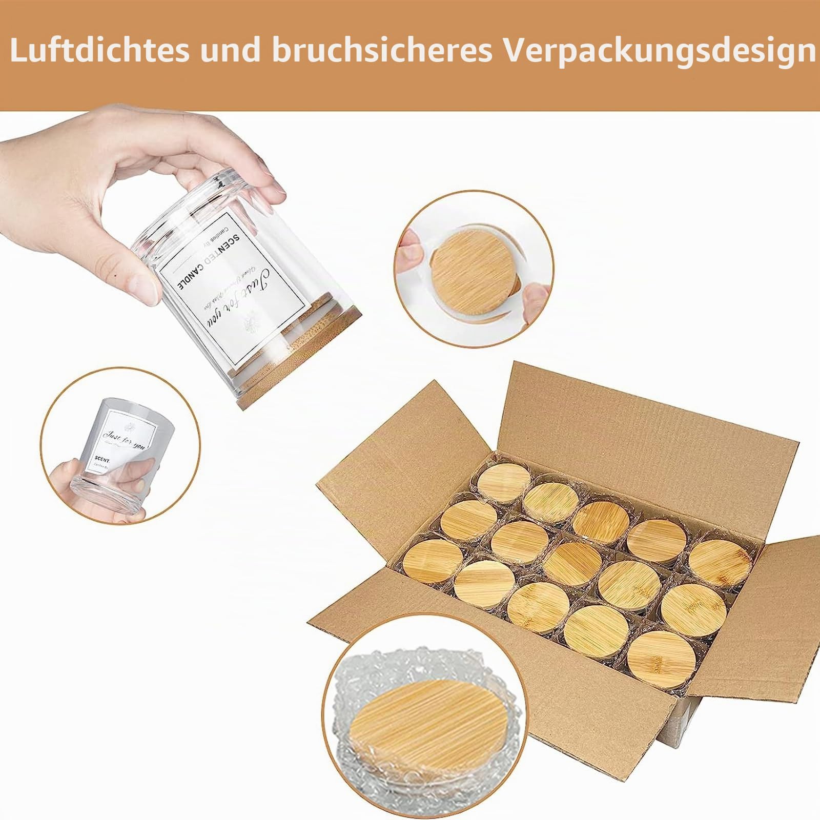 CONNOO 15 Stück 200 ml klare Glas-Kerzengläser mit Bambusdeckeln für Kerzenherstellung