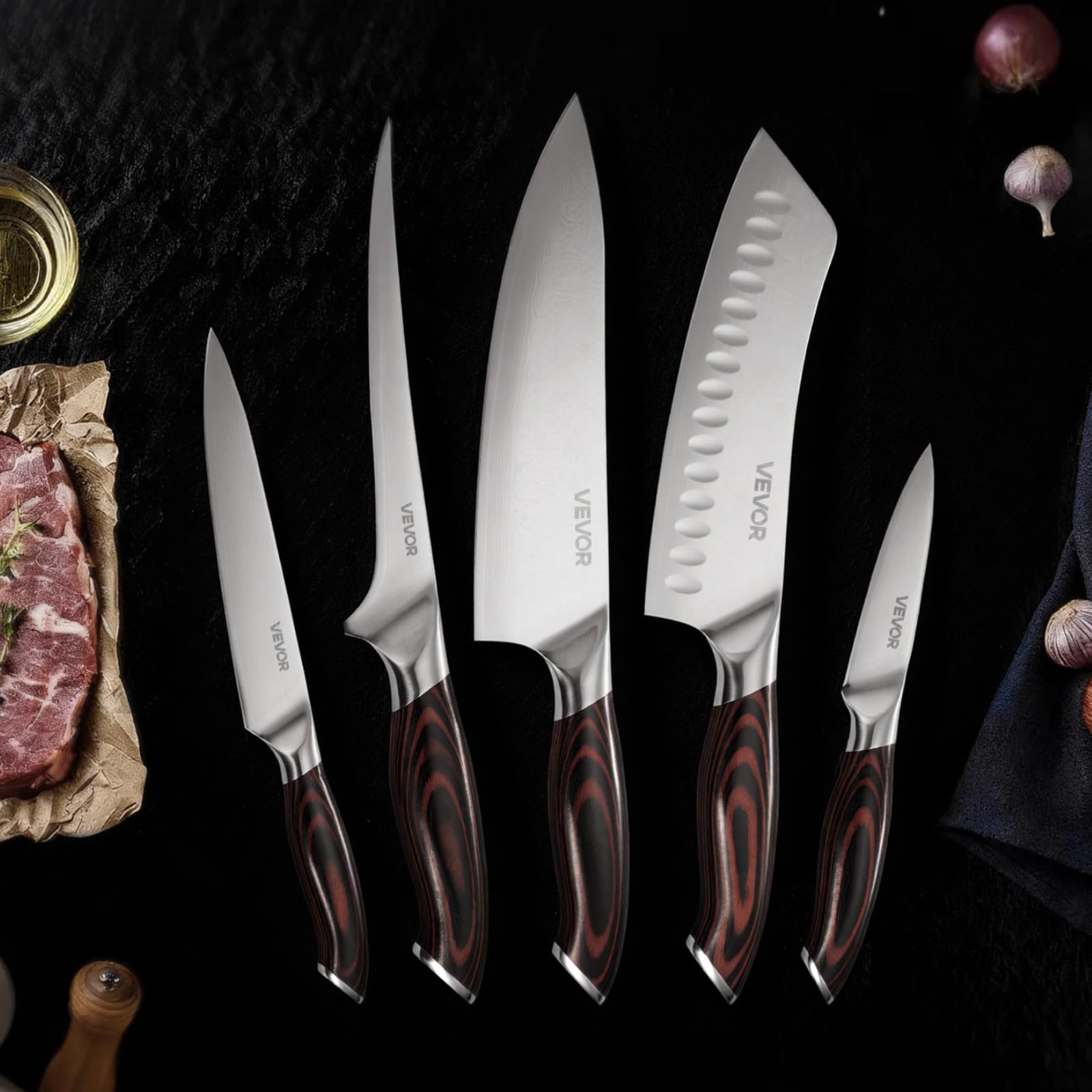 VEVOR Set di Coltelli da Cucina da 5 Pezzi, in Acciaio Inossidabile ad Alto Tenore di Carbonio, Coltello da Cucina con Impugnatura Ergonomica e Resistente alla Rottura per un Taglio Preciso