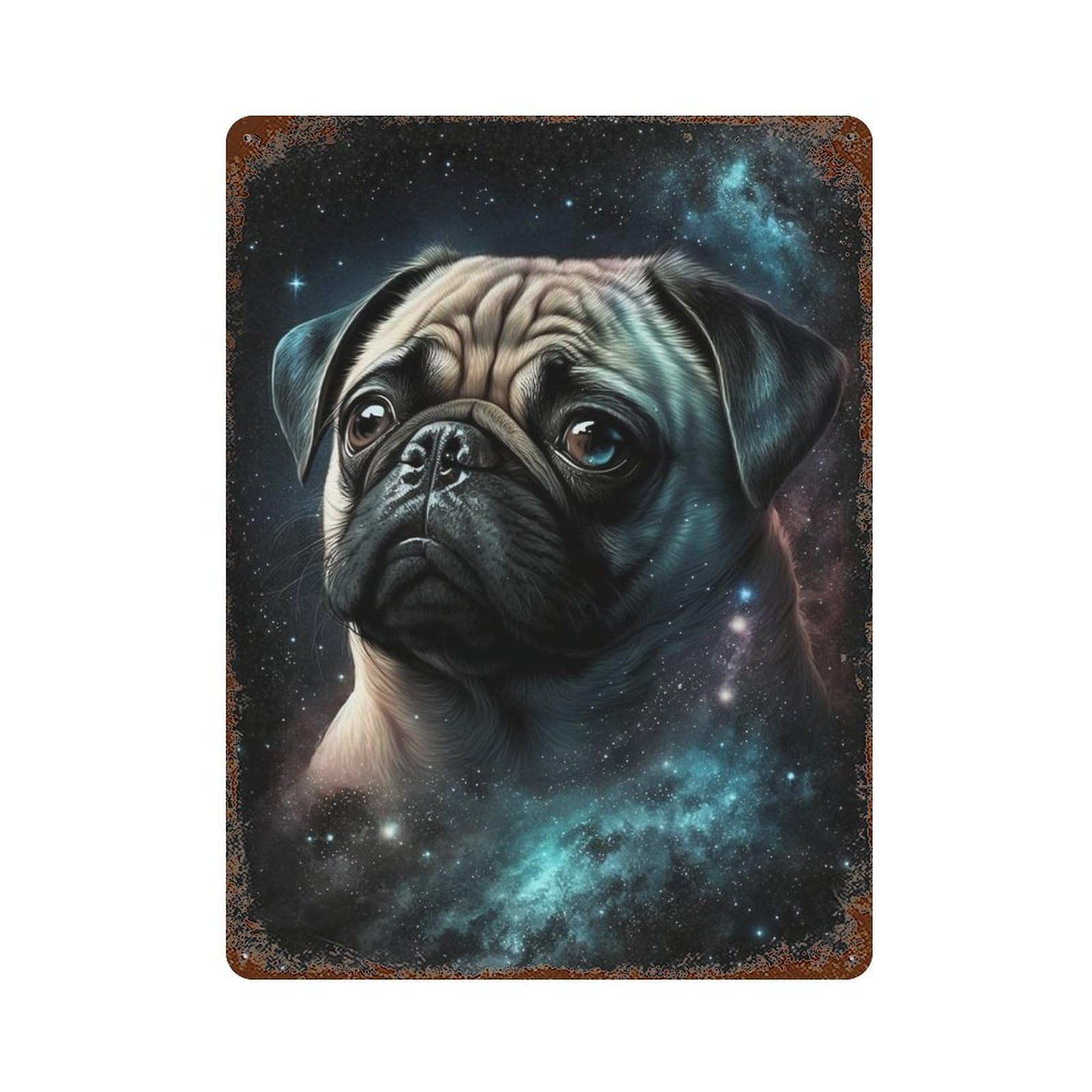 Space Pug Cosmic Companion Rusty Metal Tin Sign 15.7"x11.8", Rustic Home Decor for Garage, Pub Or Kitchen