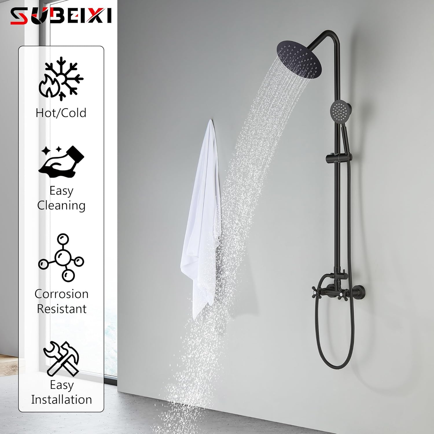 Matte Black Outdoor Shower Kit, 2 Handle 8 Inch Round Rain Shower Head Outdoor Shower Fixtures Faucet System with High Pressure Handheld Spray, Wall Mounted