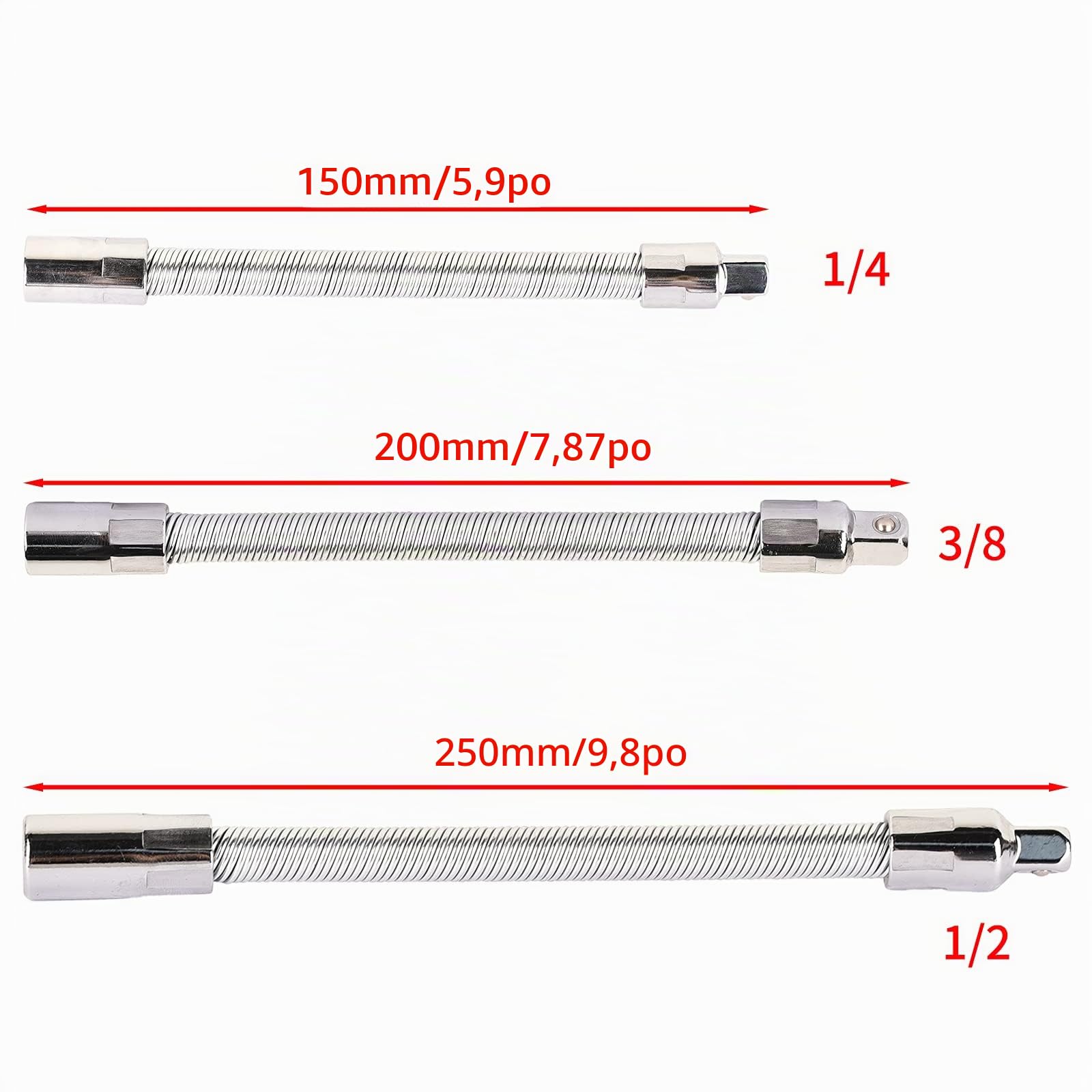Lot de 3 rallonges flexibles en acier inoxydable Argenté 1/4" 3/8" 1/2"