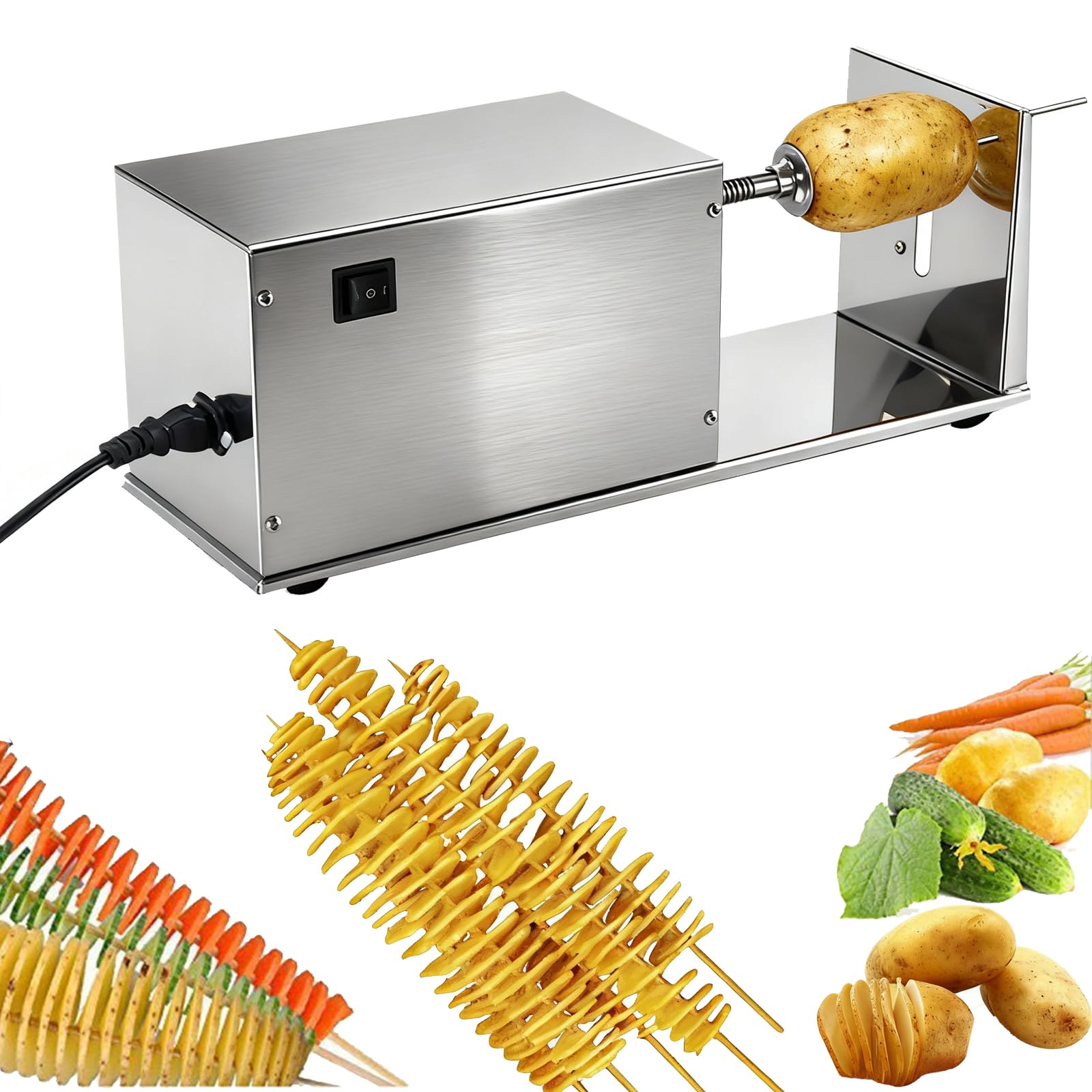 Aisny Taglierina Spirale Elettrica in Acciaio Inox, Tagliapatate Elettrico Tornado, 50W 220V, Automatica per Patate, Frutta, Cetrioli, Carote
